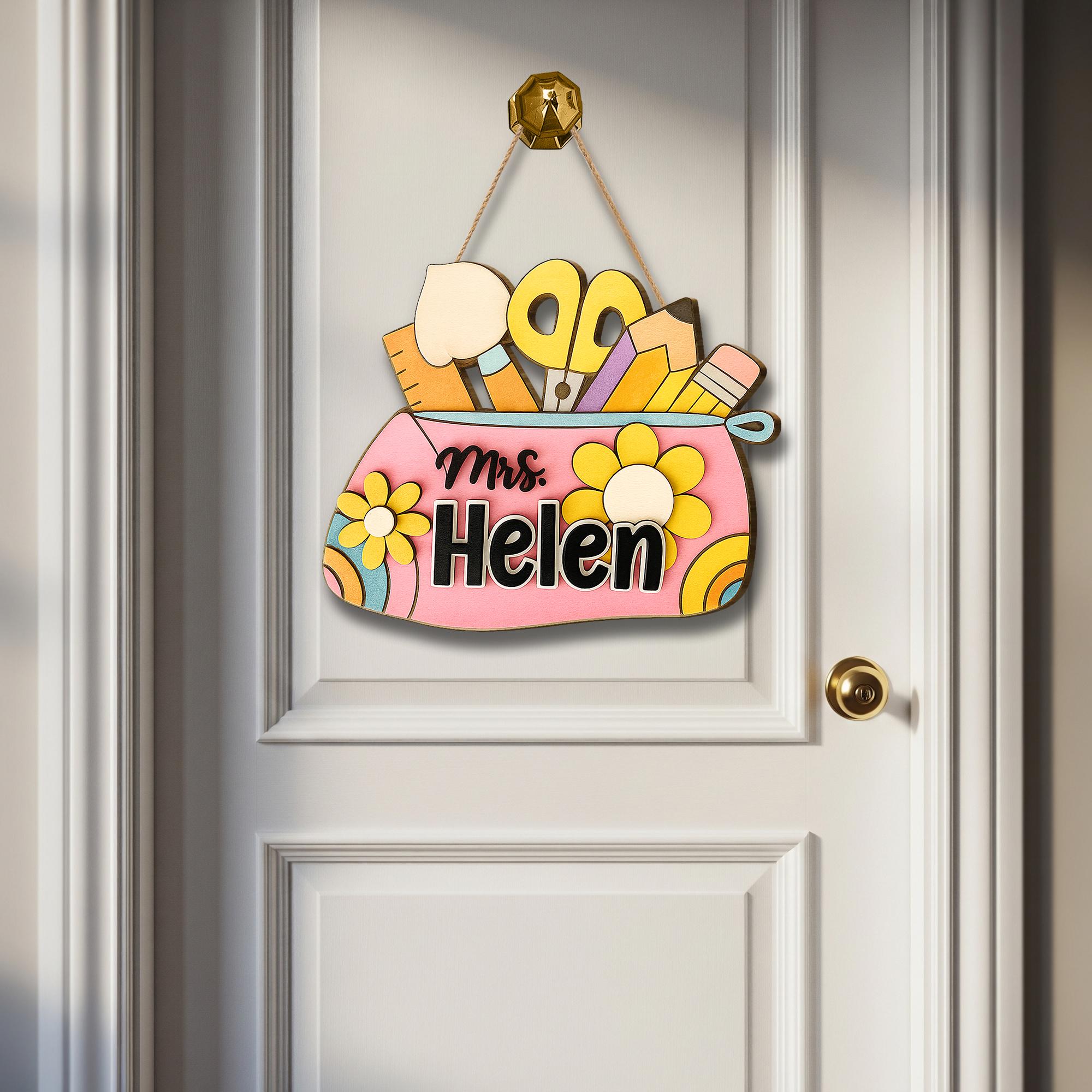Custom Teacher School Supplies Door Sign with Name – Classroom Pencil Pouch Wall Hanger – Personalized Back to School Gift for Teachers