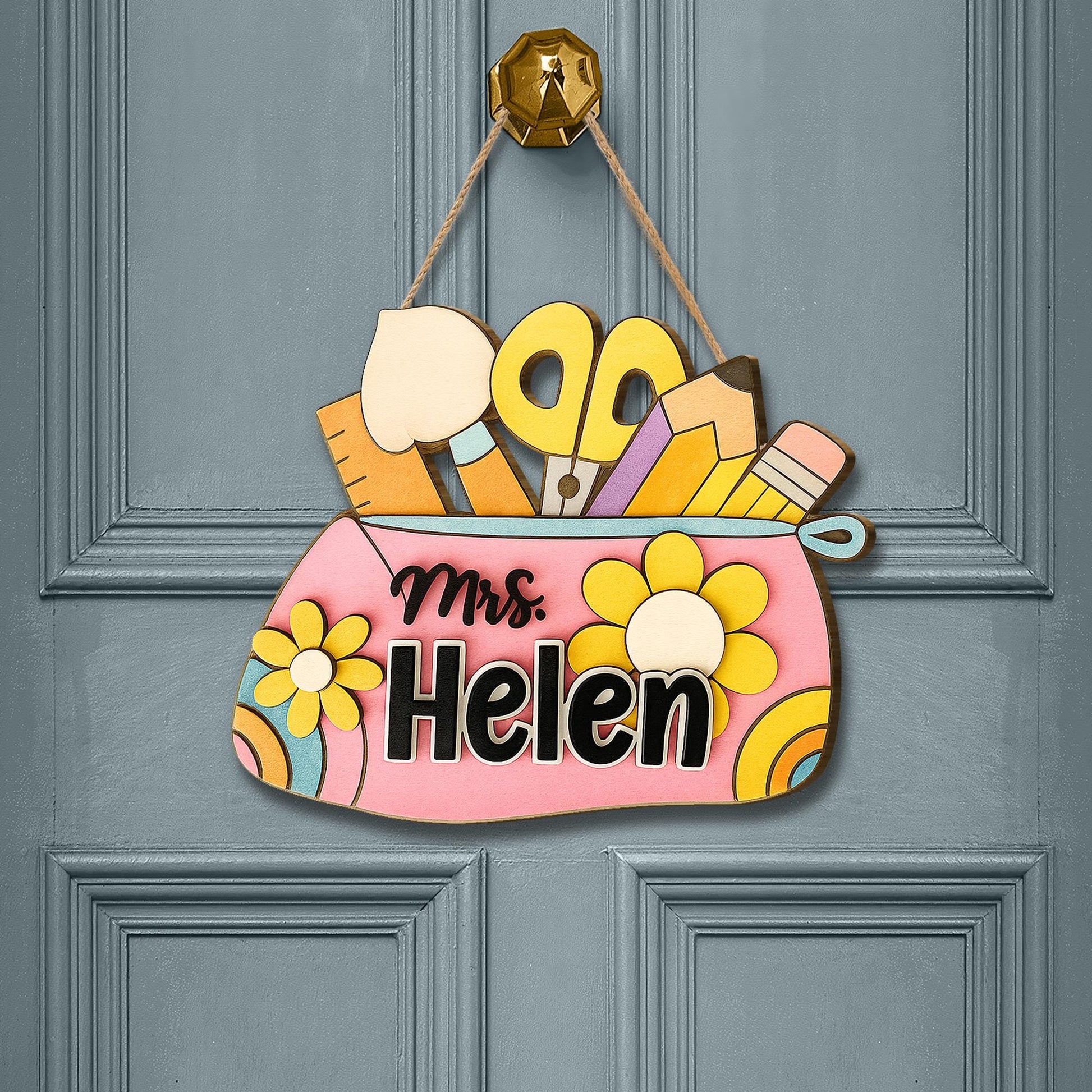 Custom Teacher School Supplies Door Sign with Name – Classroom Pencil Pouch Wall Hanger – Personalized Back to School Gift for Teachers
