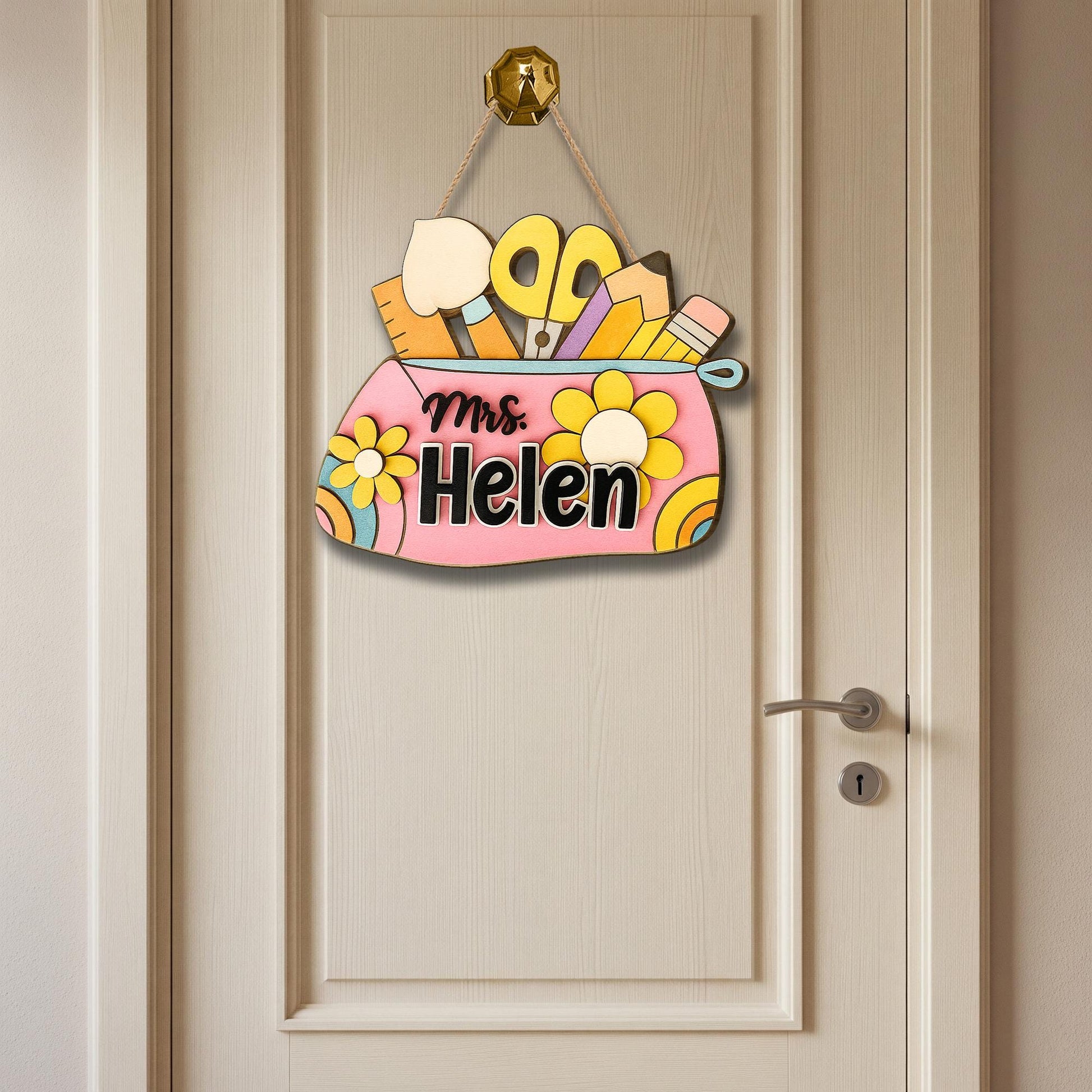 Custom Teacher School Supplies Door Sign with Name – Classroom Pencil Pouch Wall Hanger – Personalized Back to School Gift for Teachers