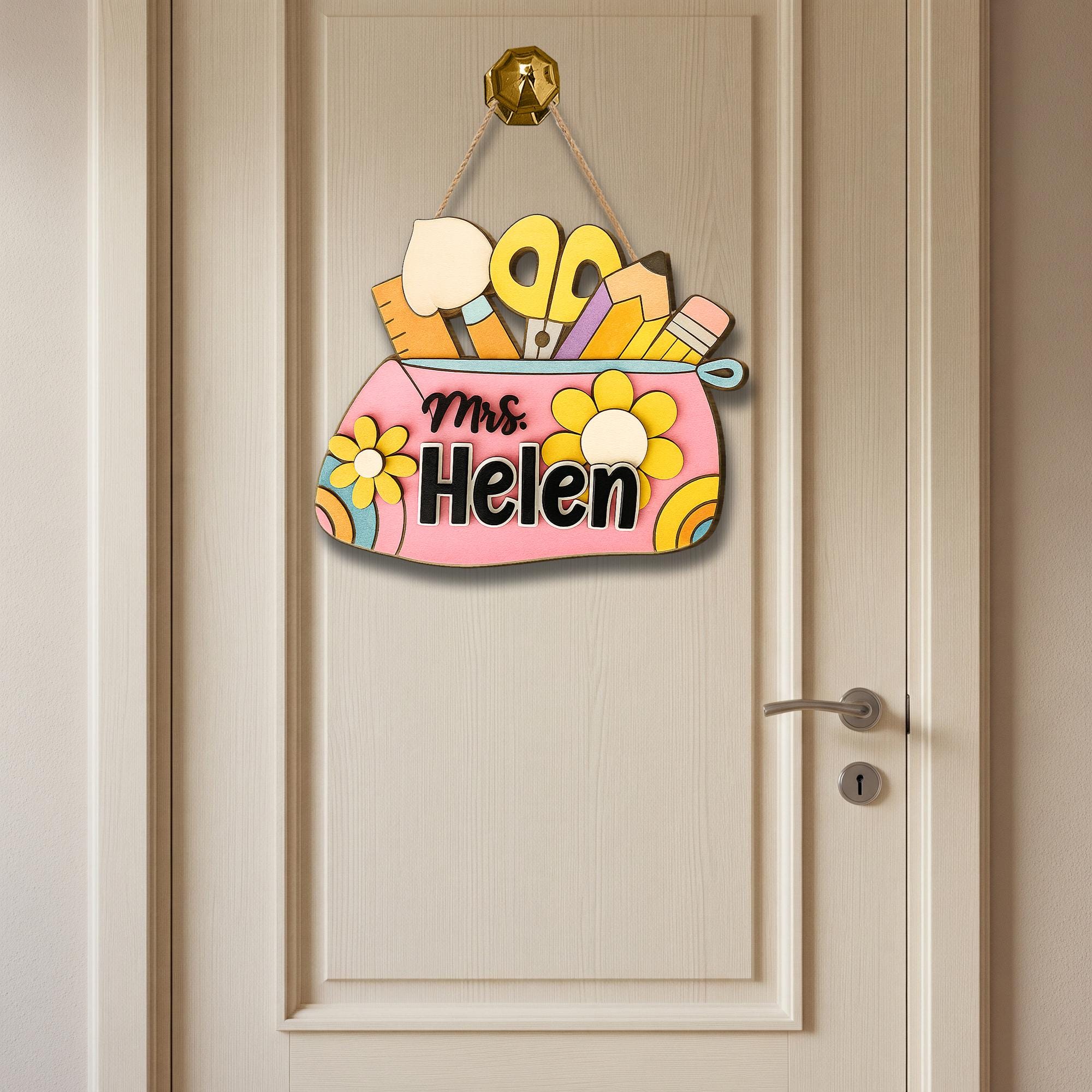Custom Teacher School Supplies Door Sign with Name – Classroom Pencil Pouch Wall Hanger – Personalized Back to School Gift for Teachers