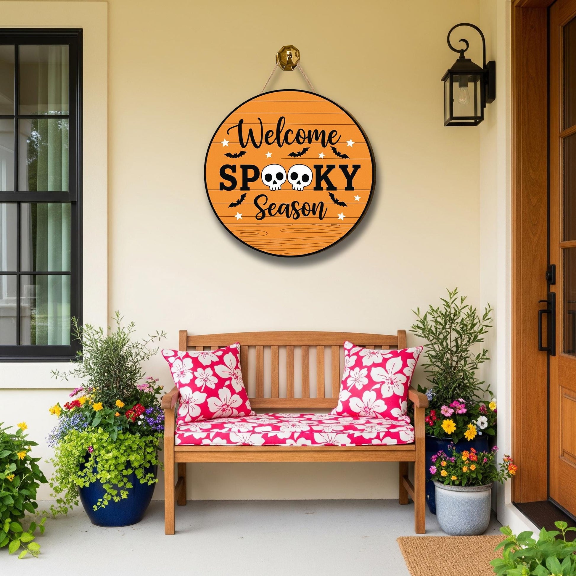 Welcome Spooky Season Sign, Round Halloween Door Hanger, Orange Skull & Bats Porch Décor, Seasonal Fall Welcome Plaque