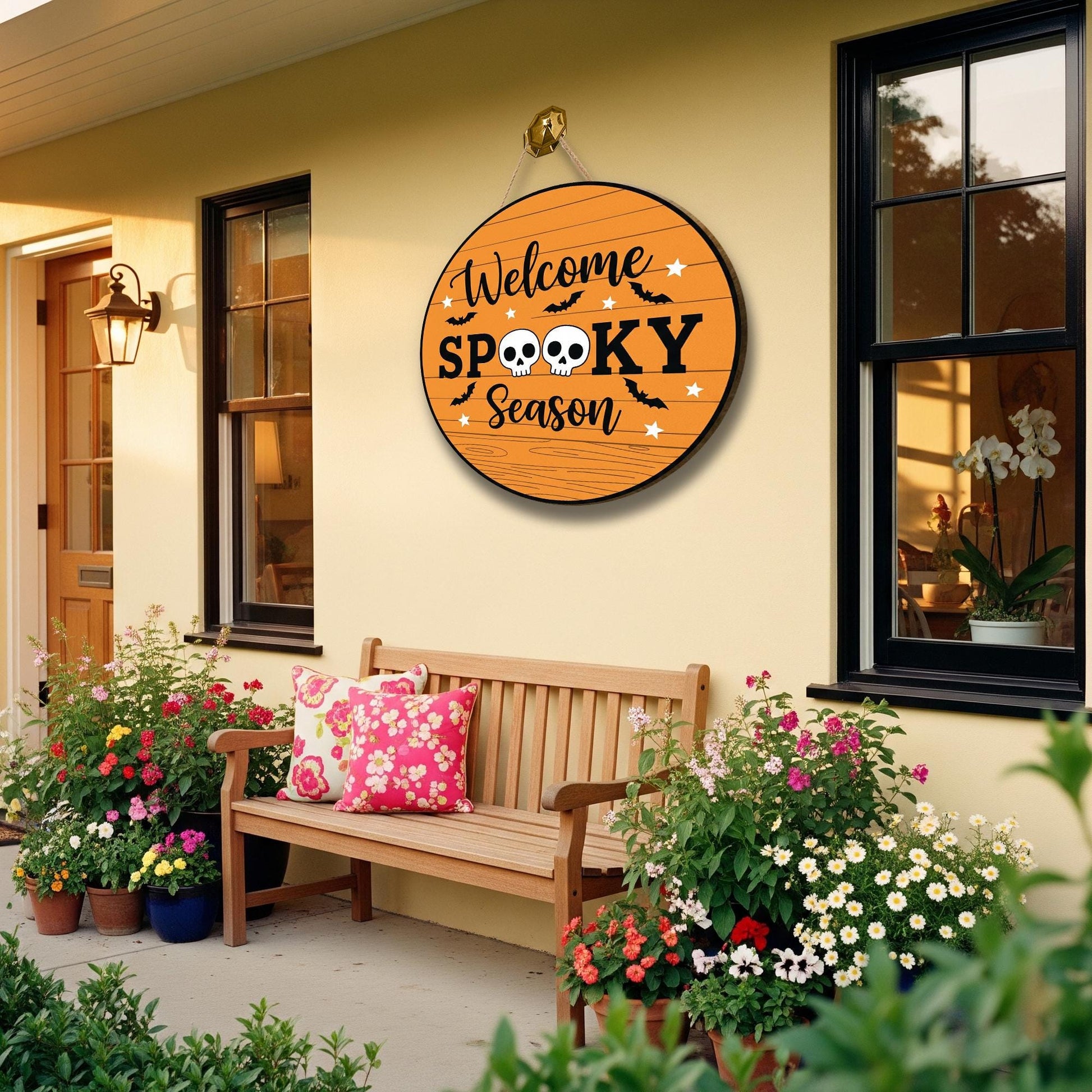 Welcome Spooky Season Sign, Round Halloween Door Hanger, Orange Skull & Bats Porch Décor, Seasonal Fall Welcome Plaque