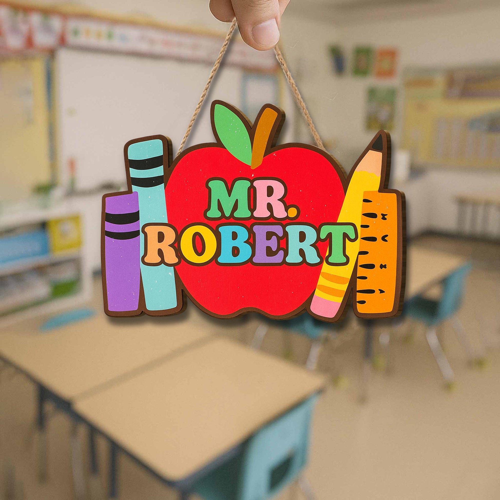 Personalized Teacher Door Sign – Back to School Apple Custom Name Sign with Crayons & Pencil, Classroom Decor Gift for Teacher, Educator