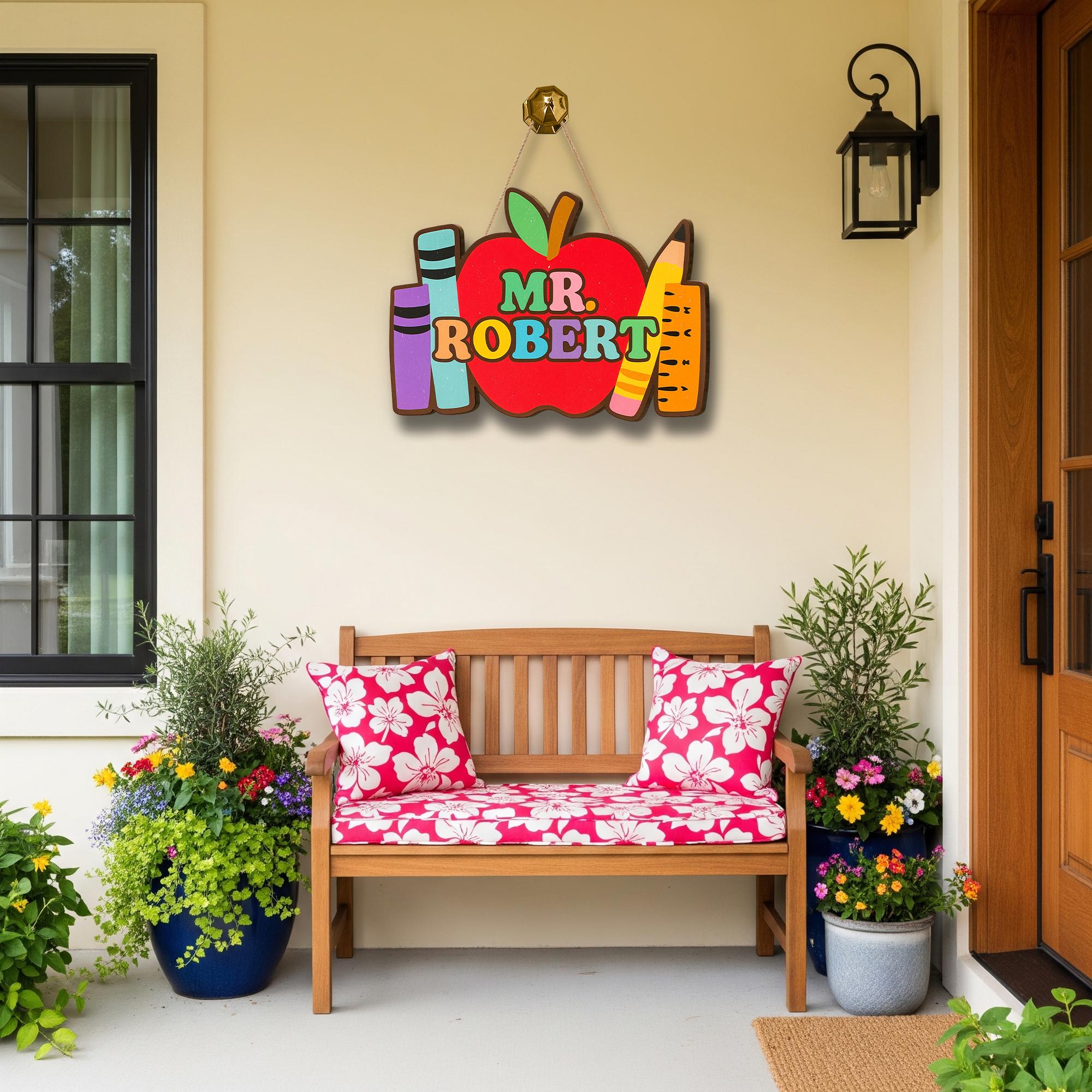 Personalized Teacher Door Sign – Back to School Apple Custom Name Sign with Crayons & Pencil, Classroom Decor Gift for Teacher, Educator