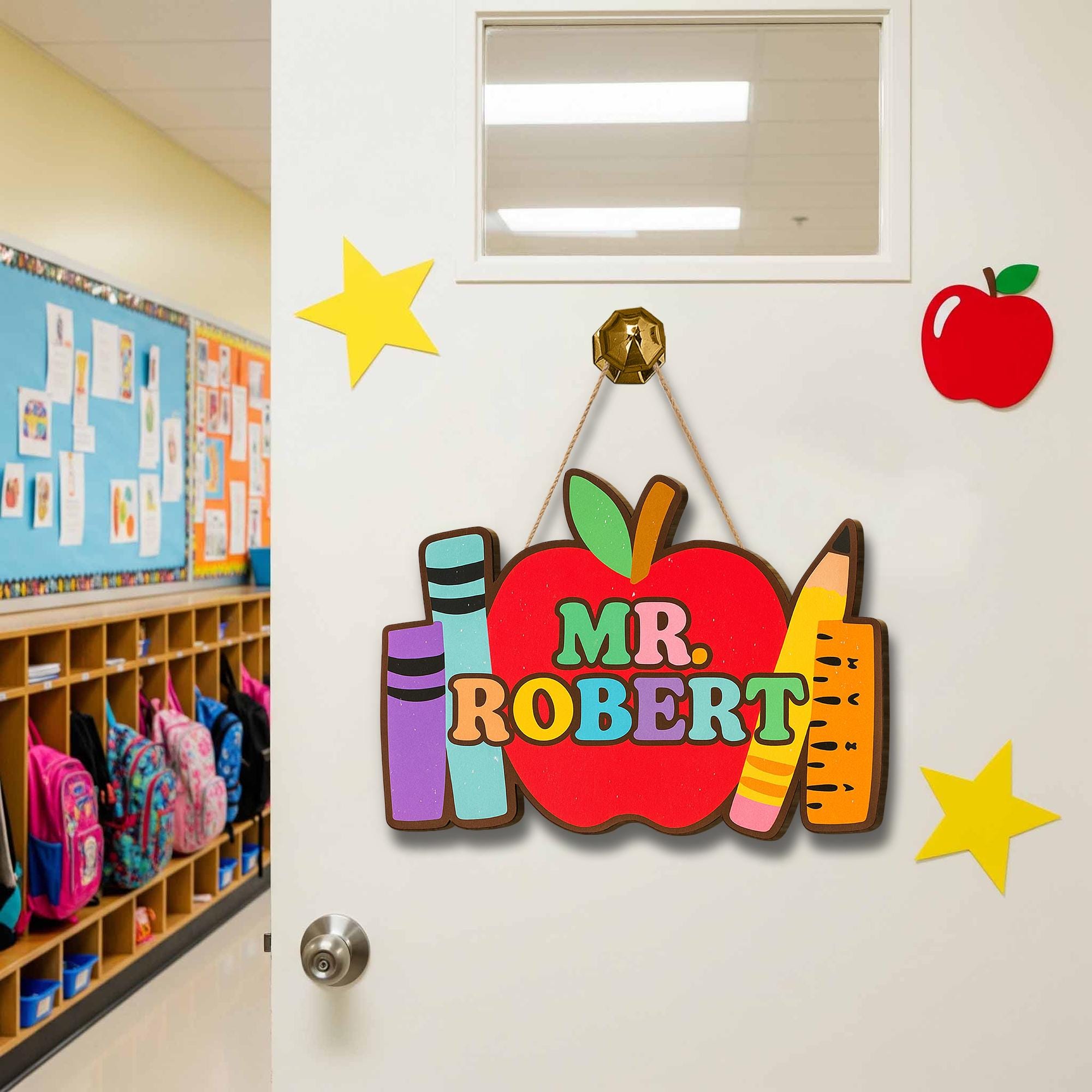 Personalized Teacher Door Sign – Back to School Apple Custom Name Sign with Crayons & Pencil, Classroom Decor Gift for Teacher, Educator