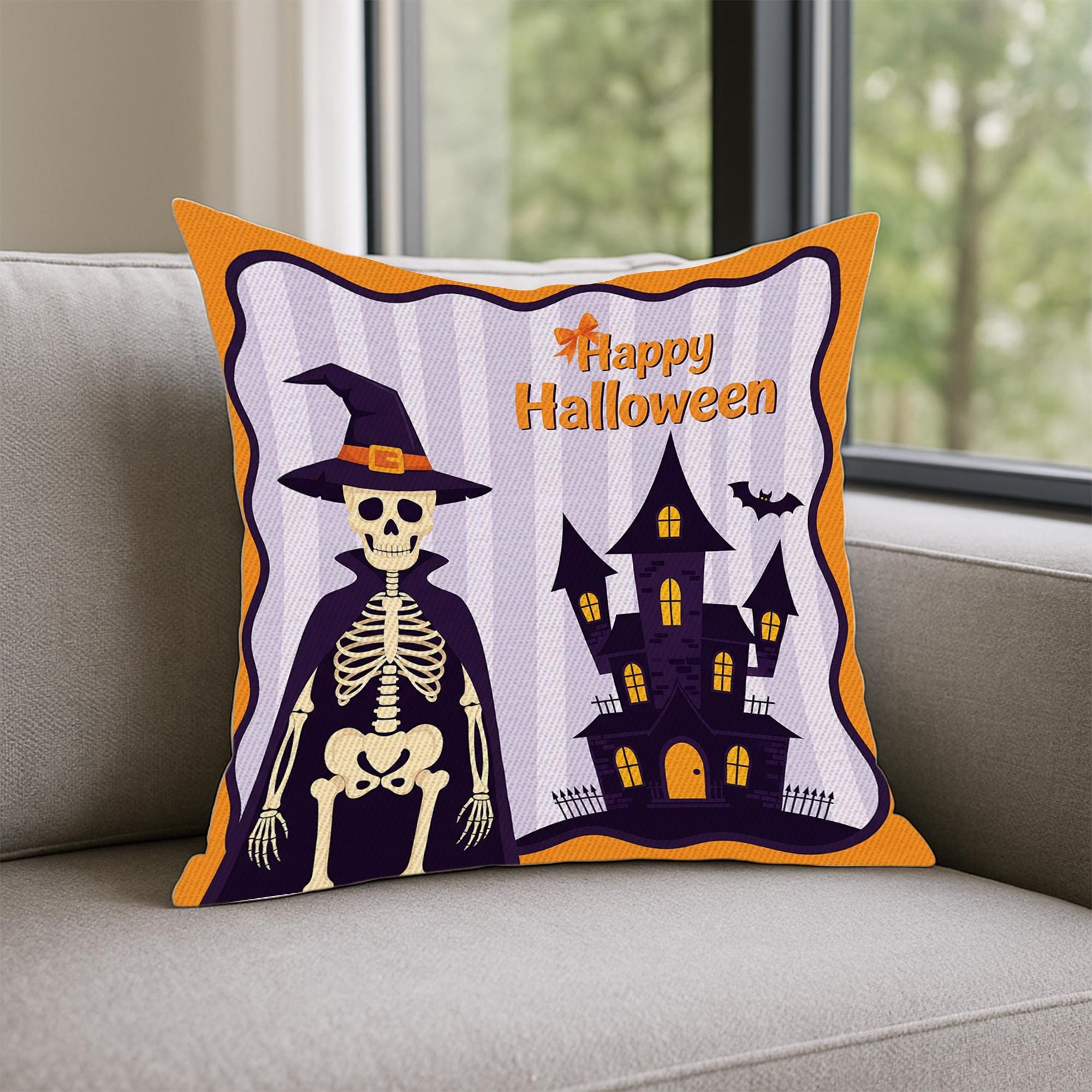 Halloween Pillow Cover, Spooky Skeleton Throw Pillow, Haunted House Cushion, Retro Fall Home Decor, Spooky Living Room Accent Pillow