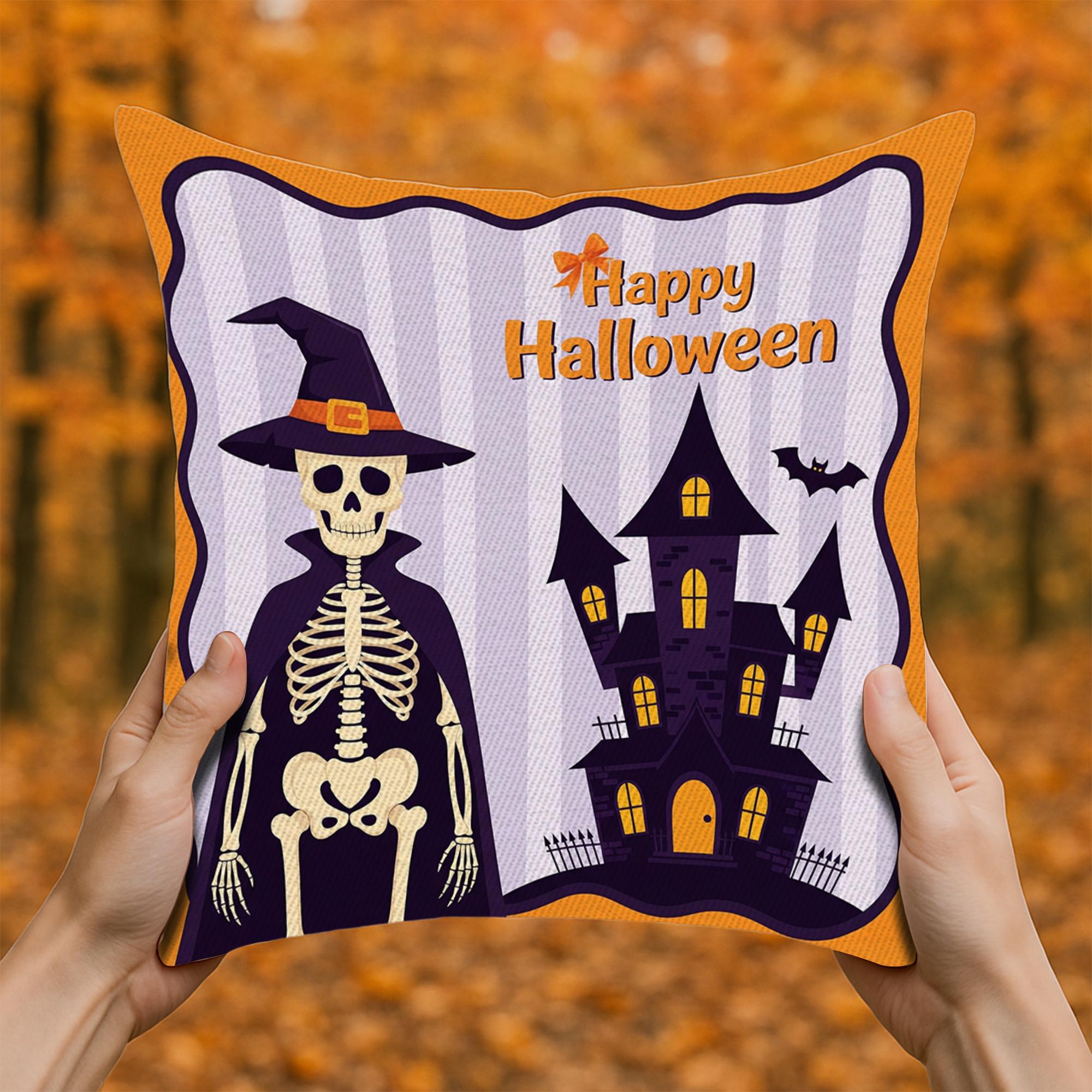 Halloween Pillow Cover, Spooky Skeleton Throw Pillow, Haunted House Cushion, Retro Fall Home Decor, Spooky Living Room Accent Pillow