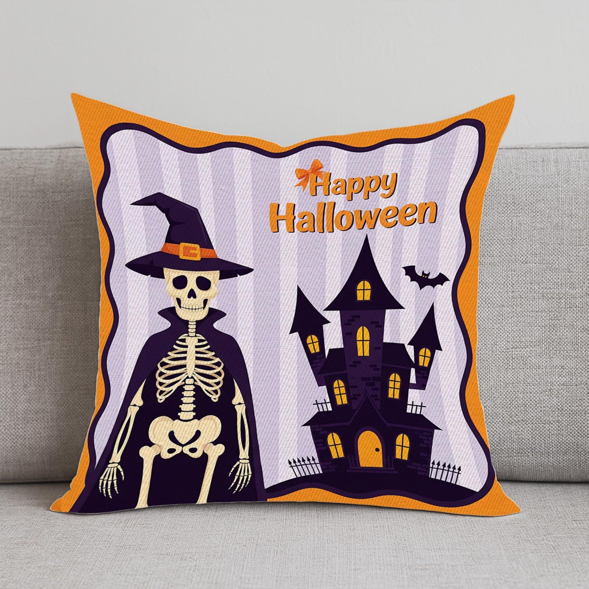 Halloween Pillow Cover, Spooky Skeleton Throw Pillow, Haunted House Cushion, Retro Fall Home Decor, Spooky Living Room Accent Pillow