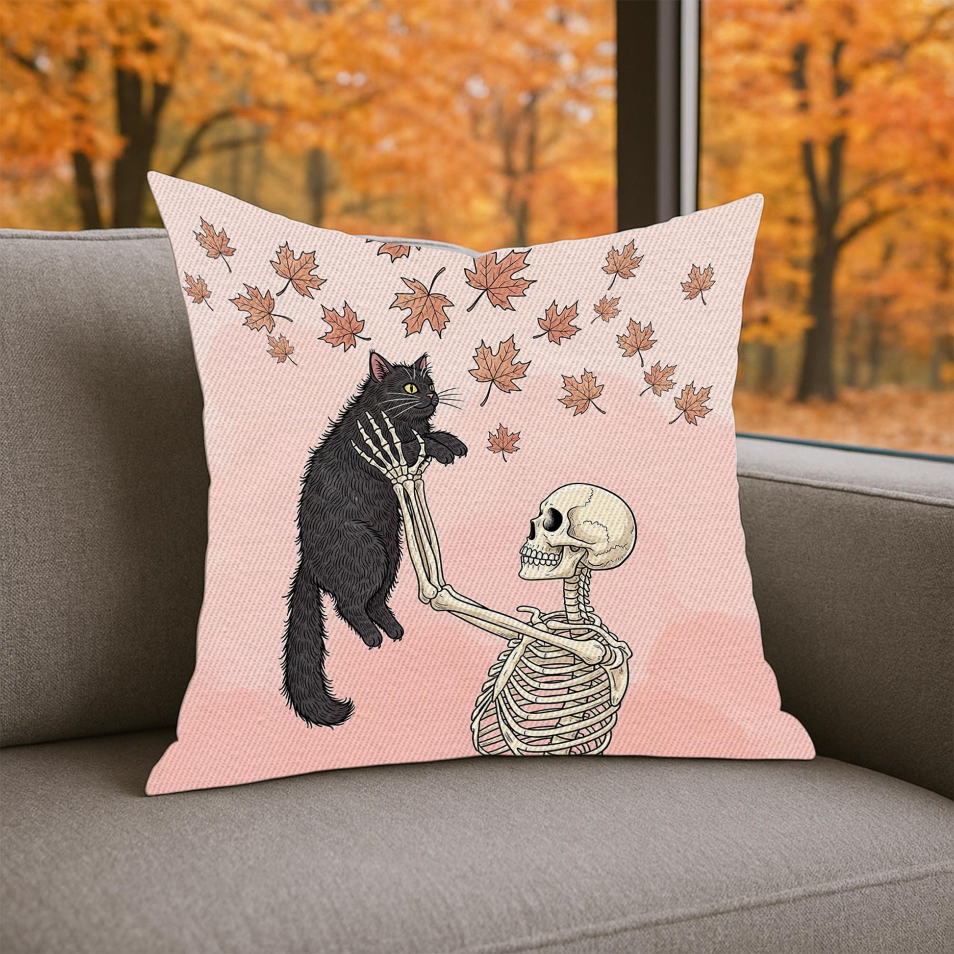 Skeleton and Cat Pillow, Gothic Black Cat Cushion Cover, Spooky Fall Throw Pillow, Pastel Goth Halloween Decor, Autumn Accent Pillow