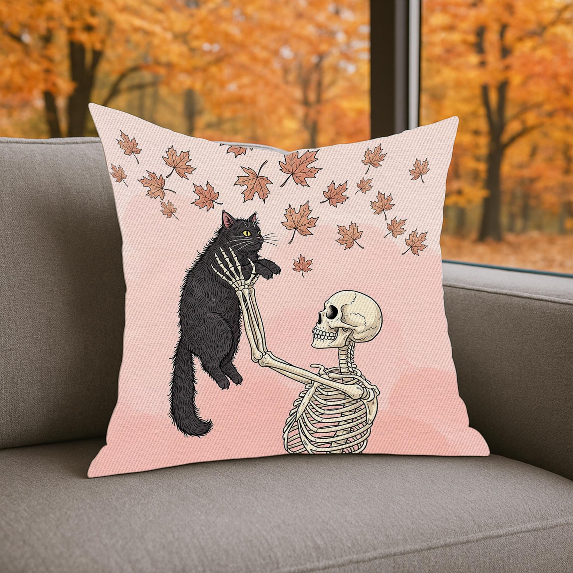 Skeleton and Cat Pillow, Gothic Black Cat Cushion Cover, Spooky Fall Throw Pillow, Pastel Goth Halloween Decor, Autumn Accent Pillow