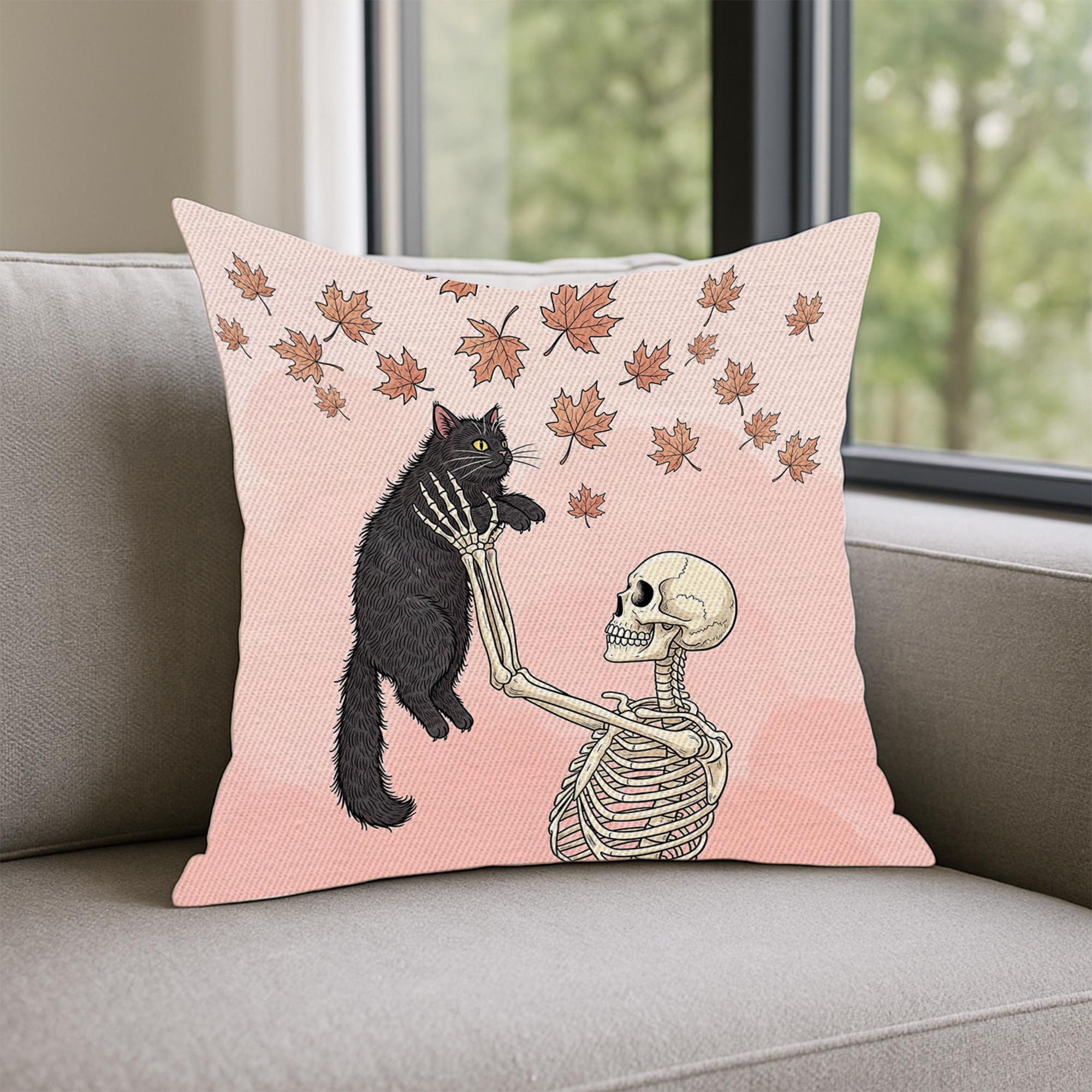 Skeleton and Cat Pillow, Gothic Black Cat Cushion Cover, Spooky Fall Throw Pillow, Pastel Goth Halloween Decor, Autumn Accent Pillow