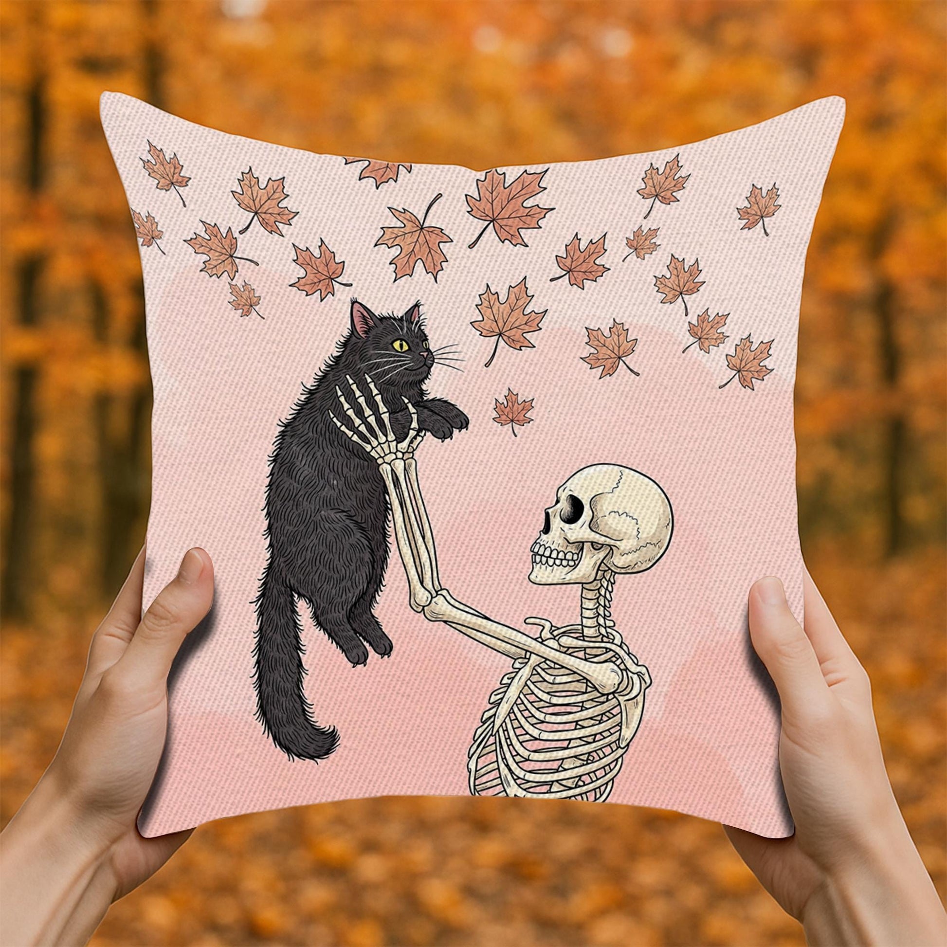 Skeleton and Cat Pillow, Gothic Black Cat Cushion Cover, Spooky Fall Throw Pillow, Pastel Goth Halloween Decor, Autumn Accent Pillow