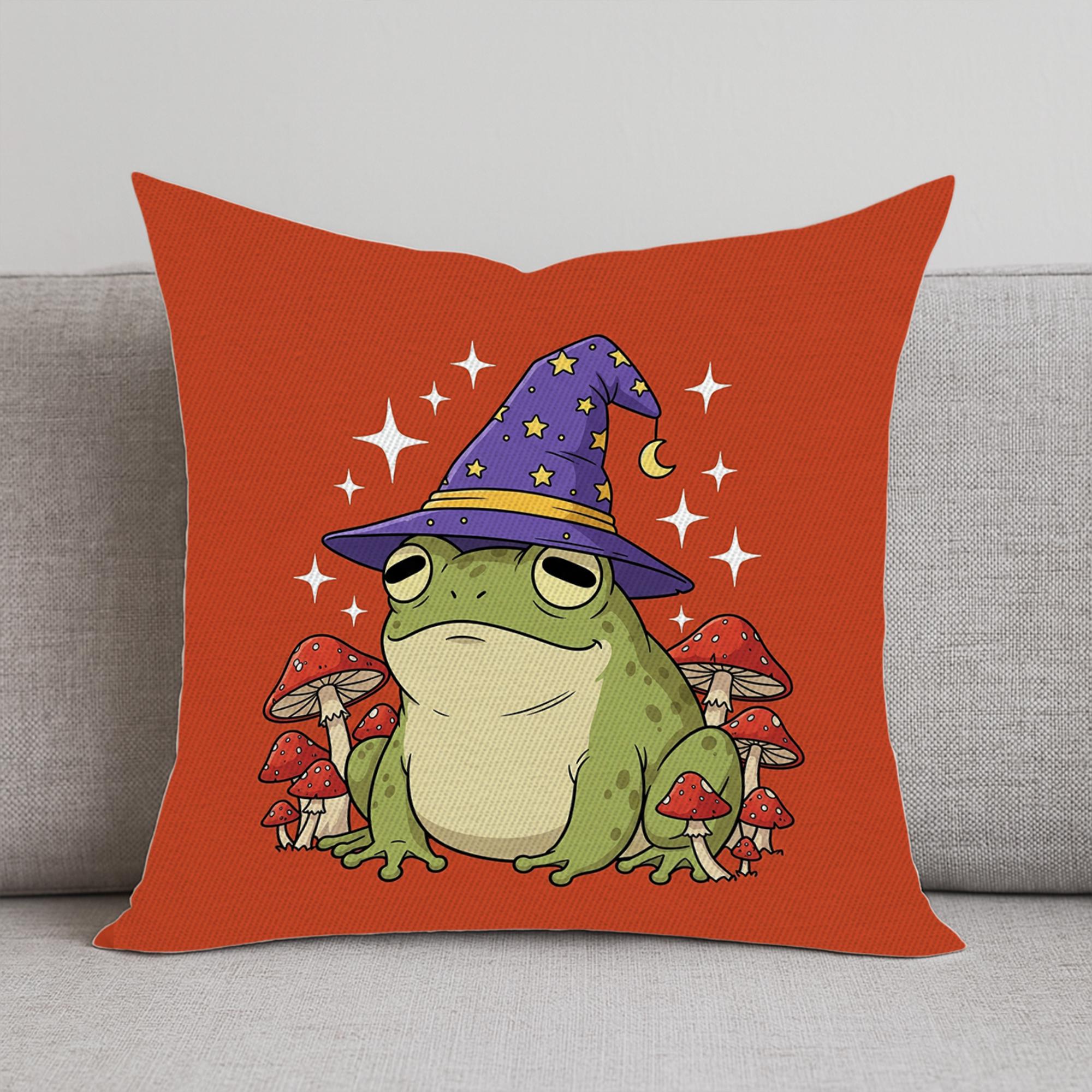 Wizard Frog Pillow, Cottagecore Mushroom Decor, Witchy Fall Throw Pillow, Goblincore Cushion Cover, Cute Frog Lover Gift