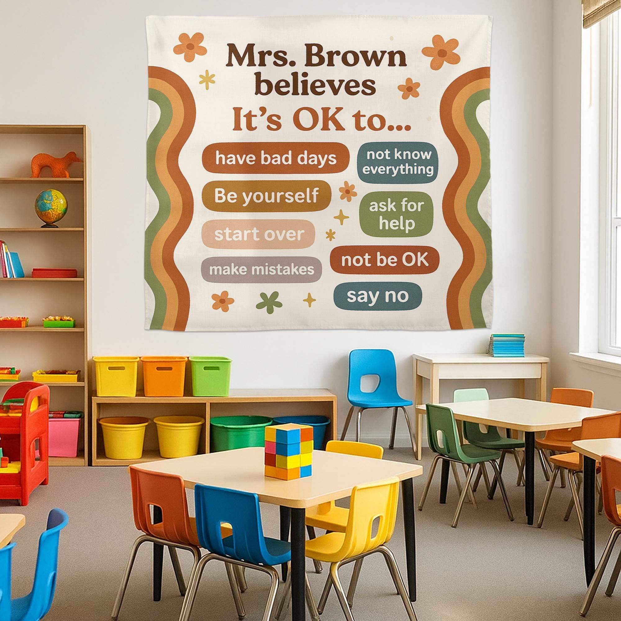 Retro Classroom Decor Poster, It's OK to Classroom Banner, Mental Health Sign, SEL Teacher Tapestry, Positive Affirmation Wall Art