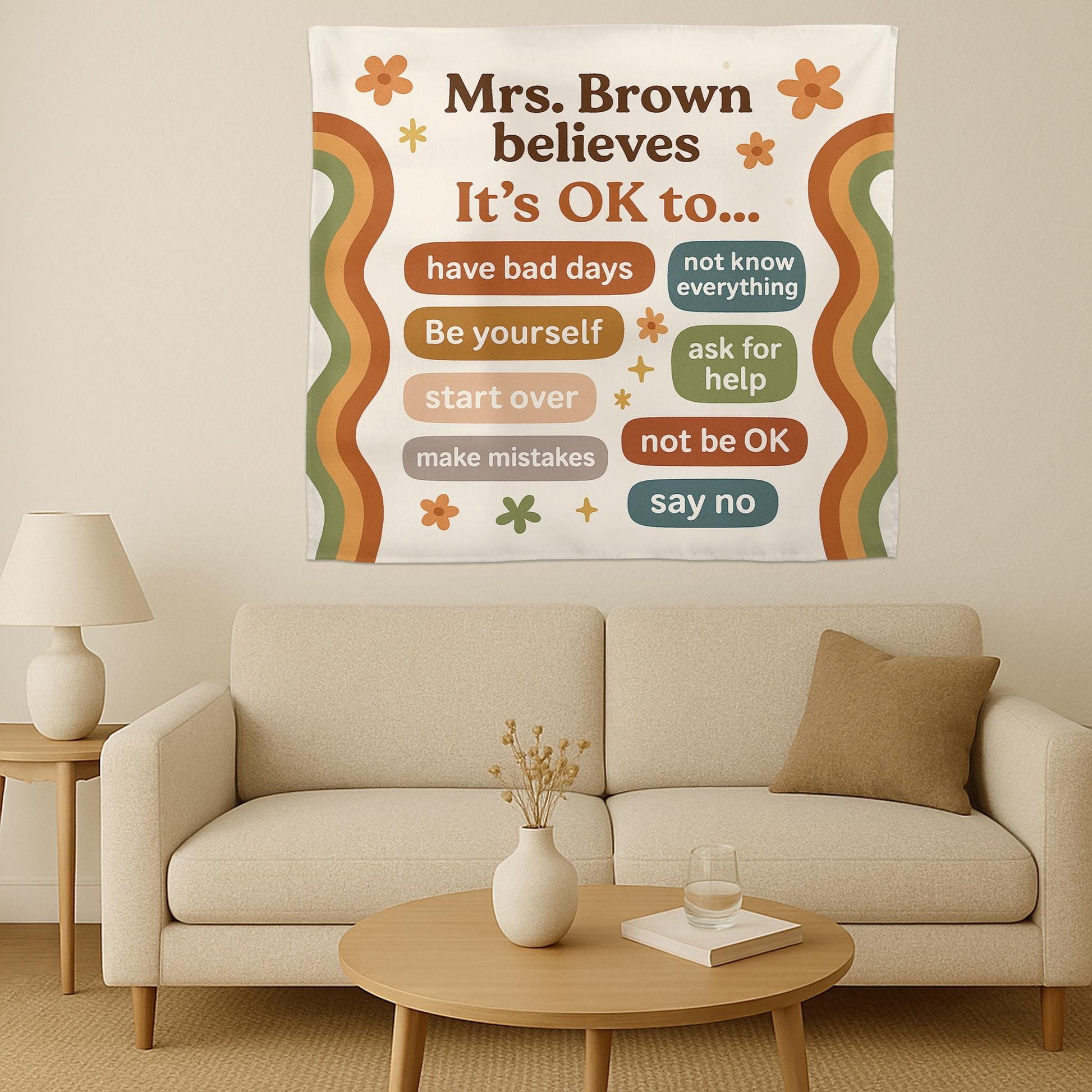Retro Classroom Decor Poster, It's OK to Classroom Banner, Mental Health Sign, SEL Teacher Tapestry, Positive Affirmation Wall Art
