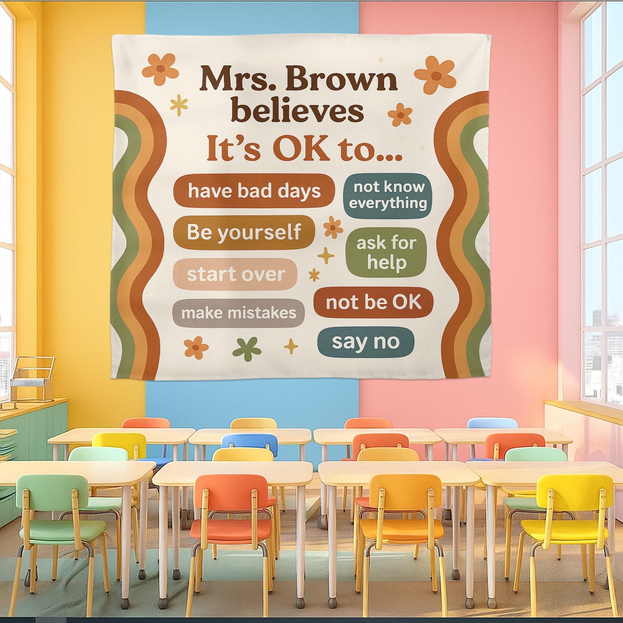 Retro Classroom Decor Poster, It's OK to Classroom Banner, Mental Health Sign, SEL Teacher Tapestry, Positive Affirmation Wall Art
