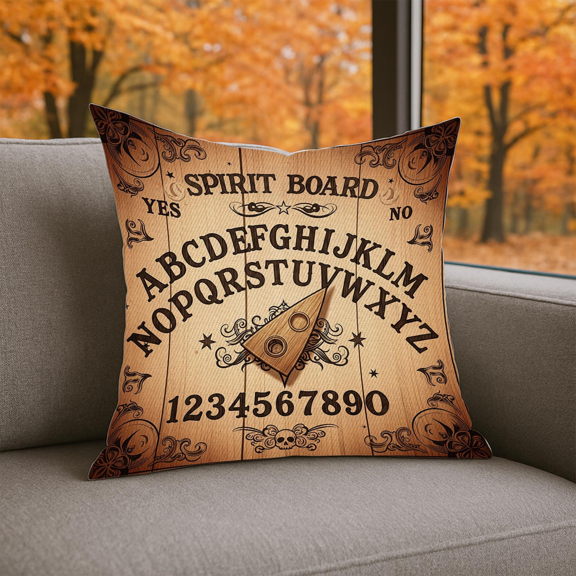 Vintage Spirit Board Throw Pillow – Occult Alphabet Décor Cushion