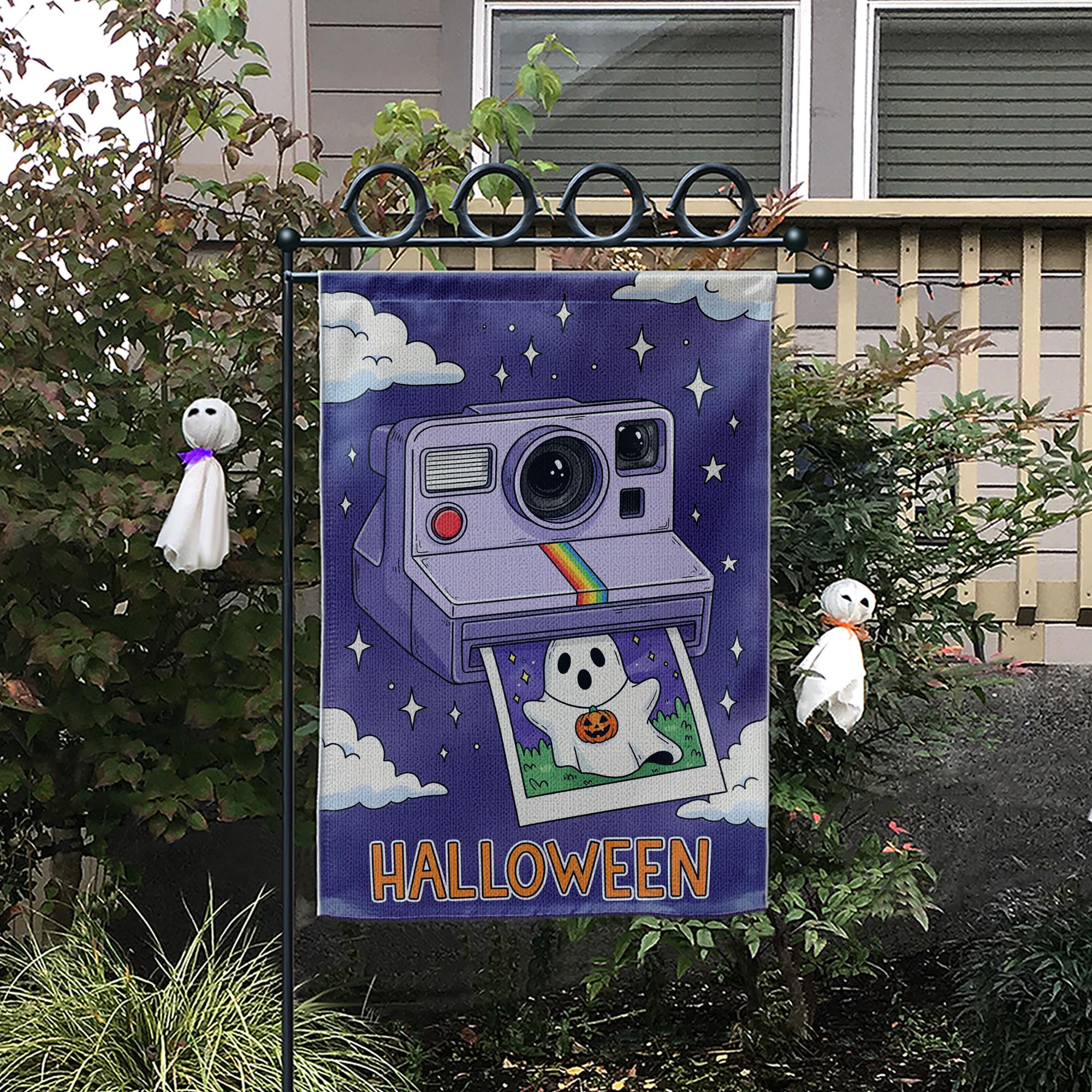 Retro Halloween Garden Flag, Cute Ghost Vintage Camera Yard Flag, Spooky Cute Fall Lawn Decor, 90s Style Outdoor Banner