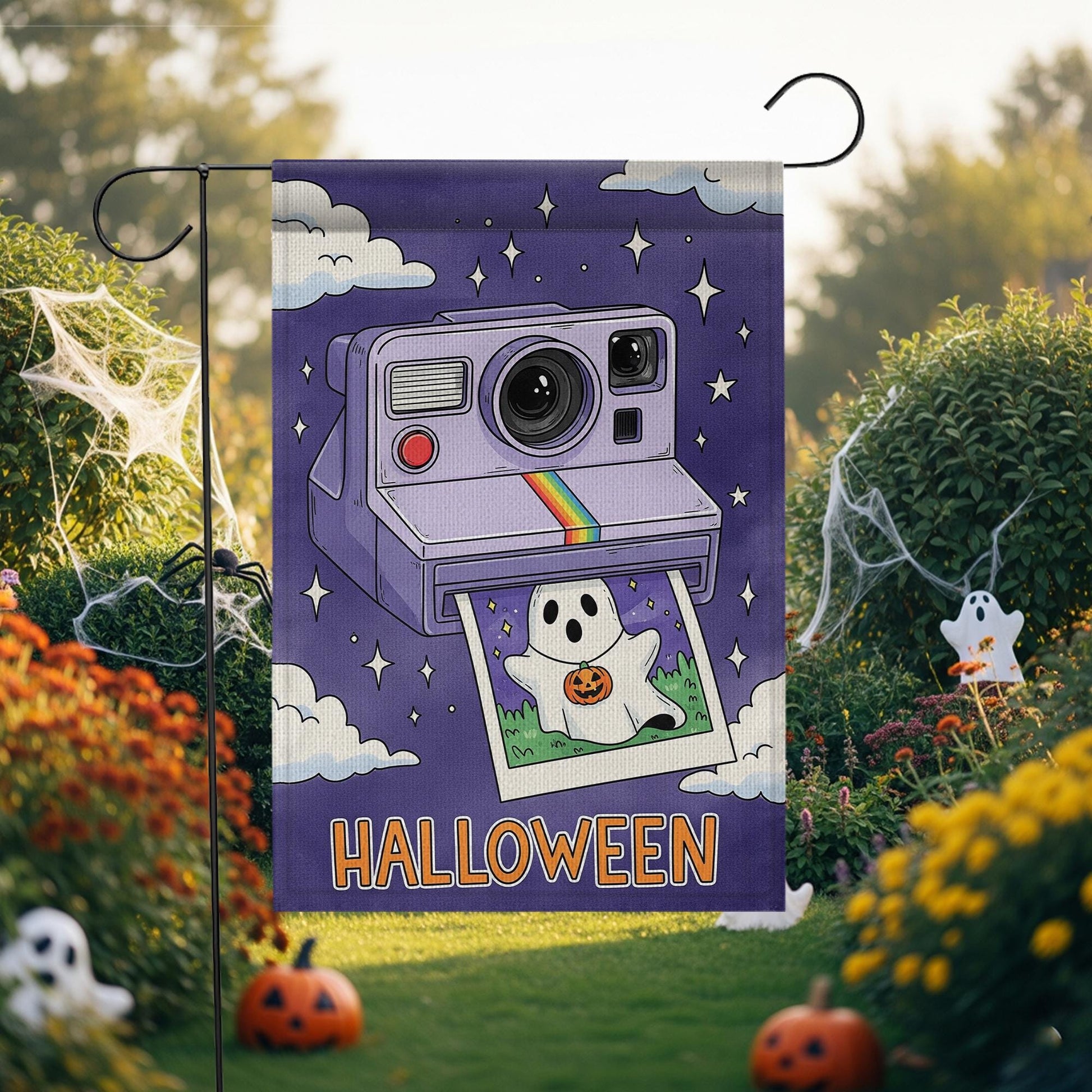 Retro Halloween Garden Flag, Cute Ghost Vintage Camera Yard Flag, Spooky Cute Fall Lawn Decor, 90s Style Outdoor Banner