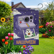 Retro Halloween Garden Flag, Cute Ghost Vintage Camera Yard Flag, Spooky Cute Fall Lawn Decor, 90s Style Outdoor Banner