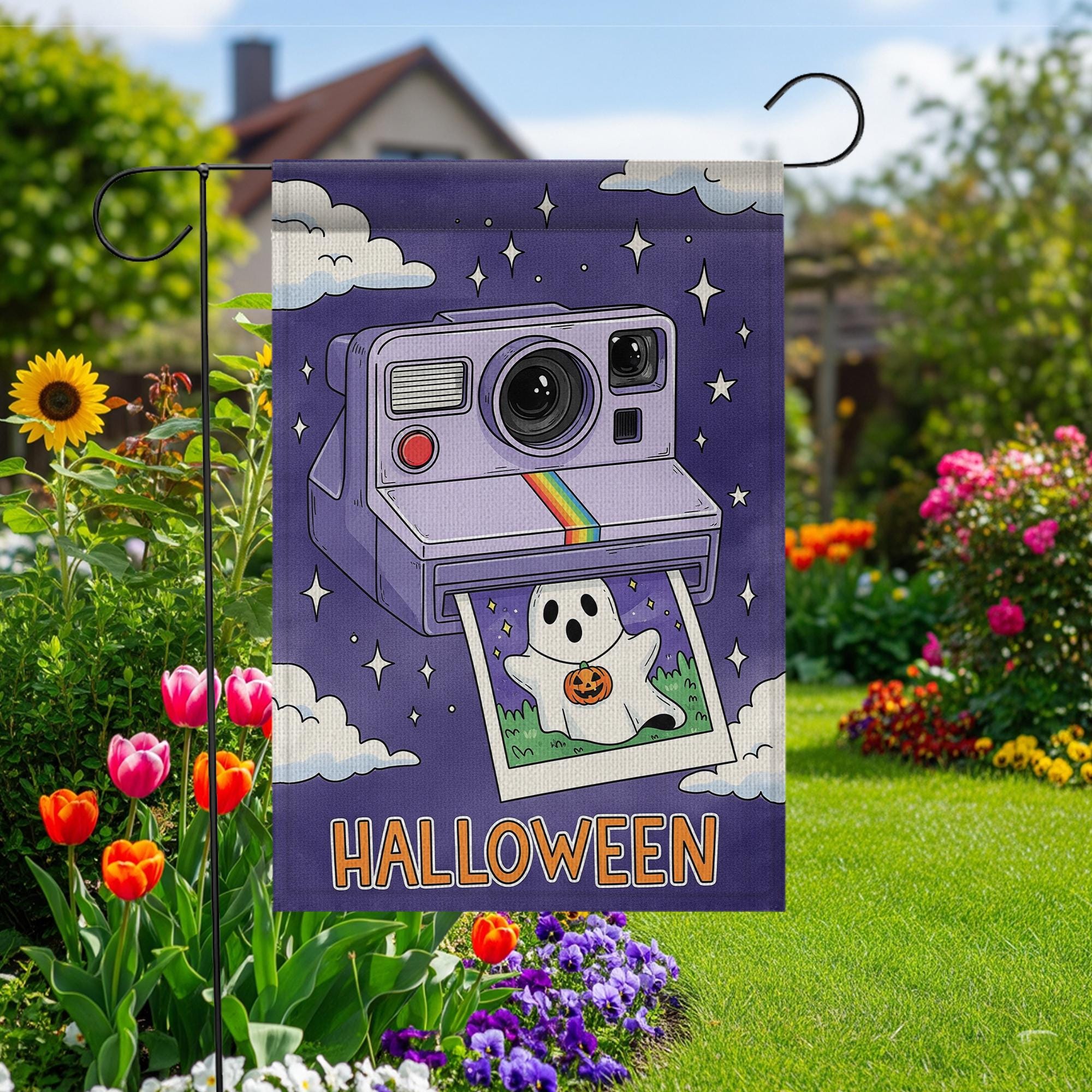 Retro Halloween Garden Flag, Cute Ghost Vintage Camera Yard Flag, Spooky Cute Fall Lawn Decor, 90s Style Outdoor Banner