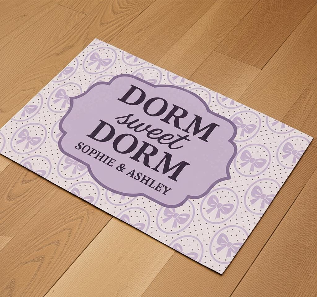 Dorm Sweet Dorm Mat, Personalized College Doormat, Custom Roommate Gift, Cute Bow Pattern Rug, Purple Dorm Decor