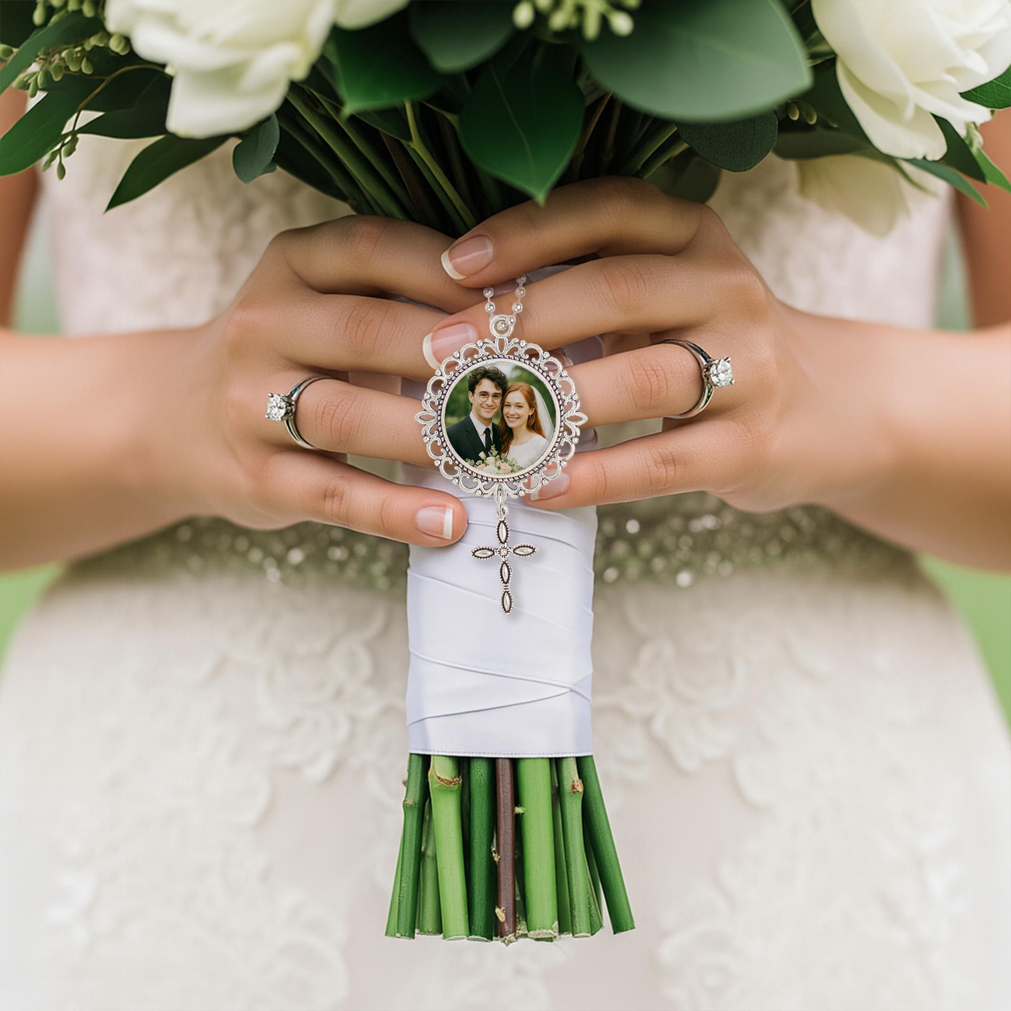 Personalized Wedding Bouquet Charm – Custom Photo & Cross Charm with Names, Date – Christian Bride Keepsake or Gift for Couple