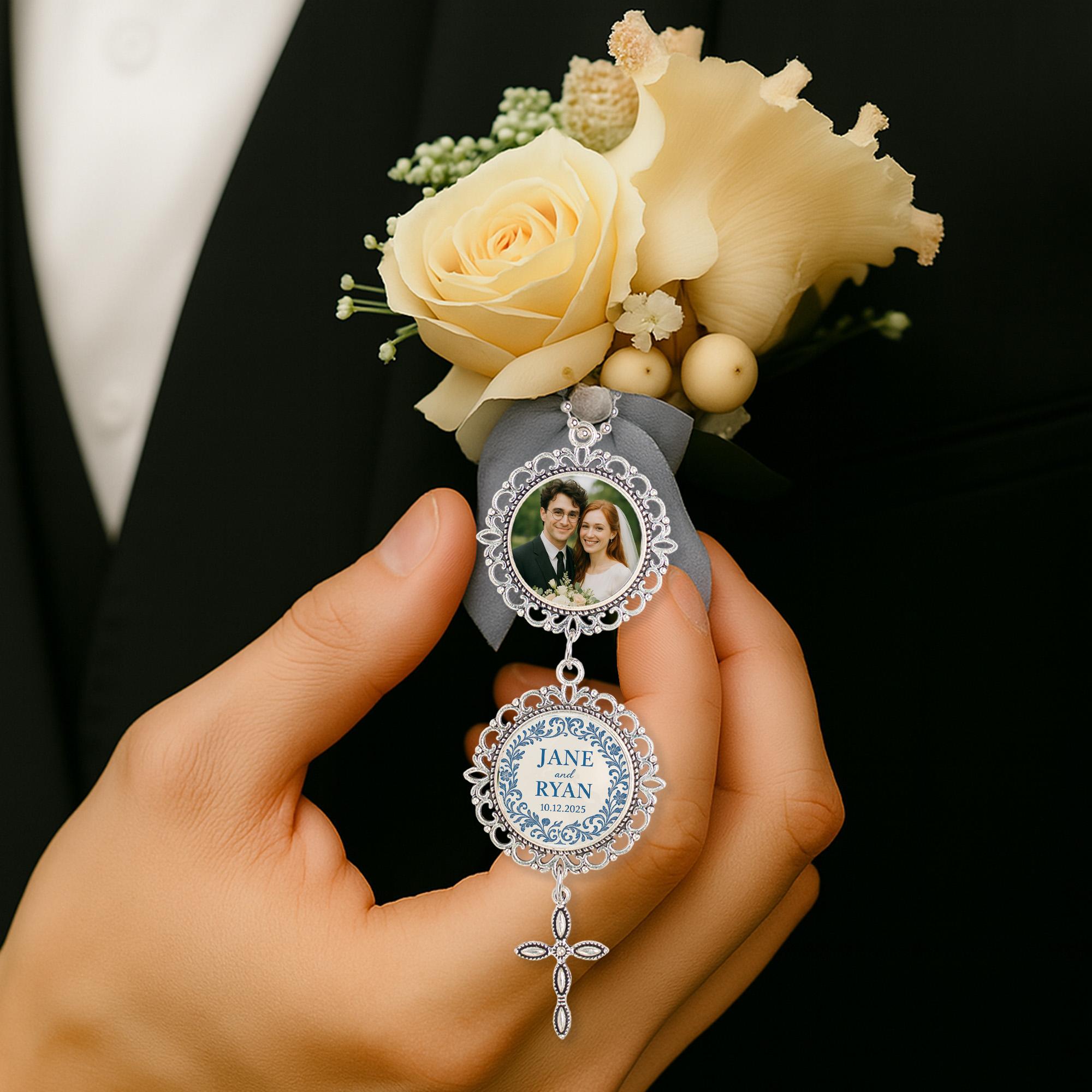 Personalized Wedding Bouquet Charm – Custom Photo & Cross Charm with Names, Date – Christian Bride Keepsake or Gift for Couple