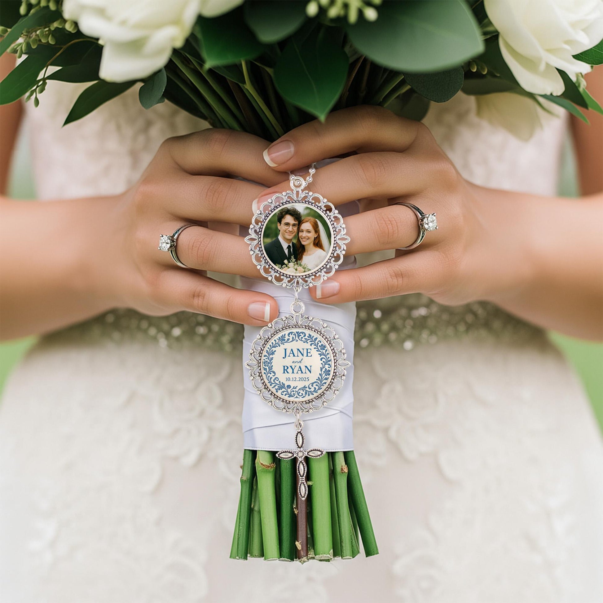 Personalized Wedding Bouquet Charm – Custom Photo & Cross Charm with Names, Date – Christian Bride Keepsake or Gift for Couple