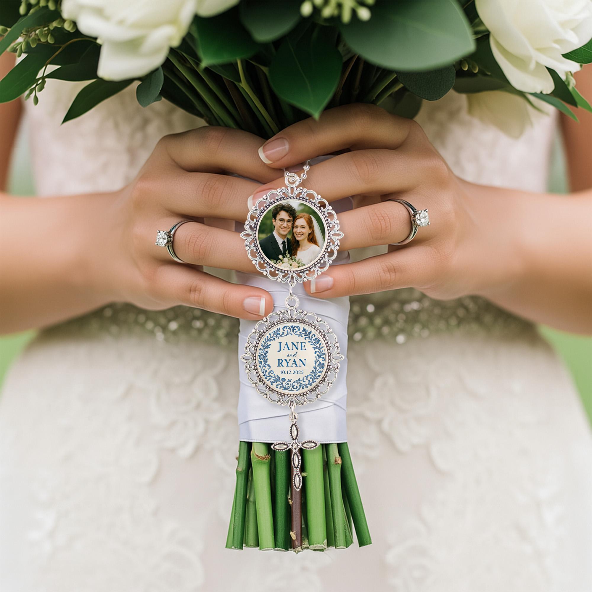 Personalized Wedding Bouquet Charm – Custom Photo & Cross Charm with Names, Date – Christian Bride Keepsake or Gift for Couple