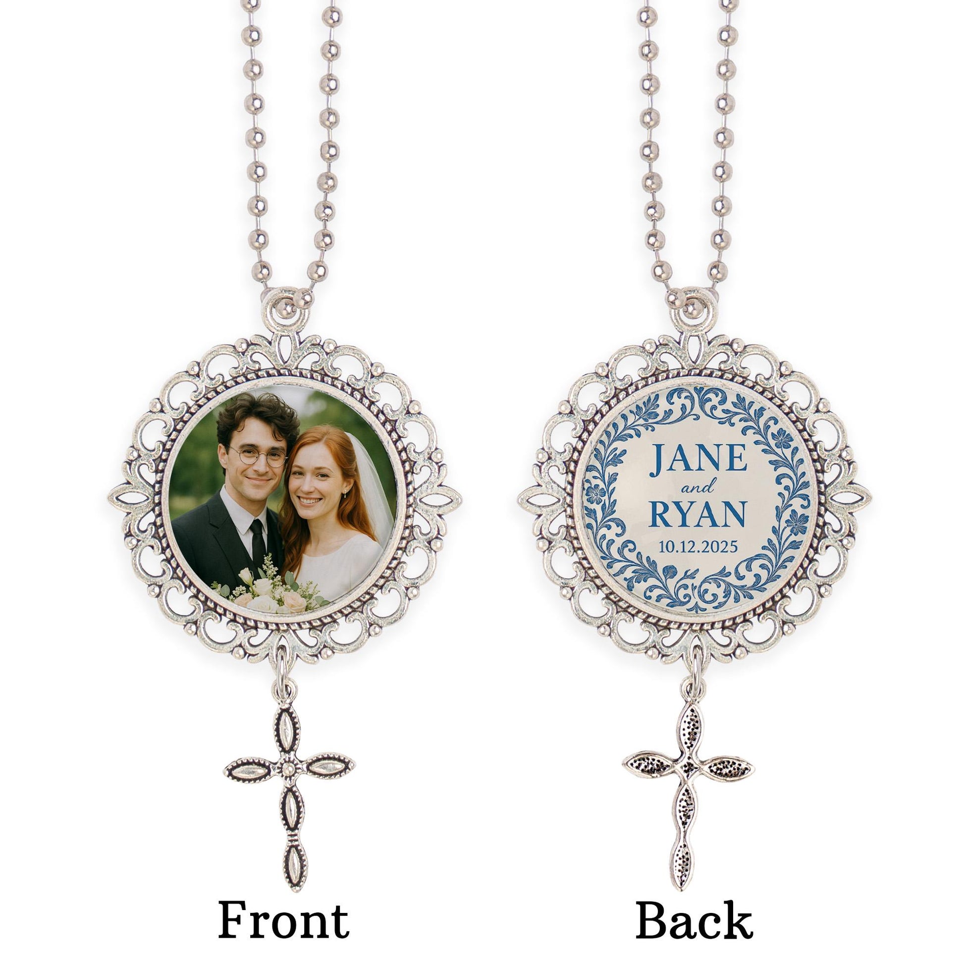 Personalized Wedding Bouquet Charm – Custom Photo & Cross Charm with Names, Date – Christian Bride Keepsake or Gift for Couple