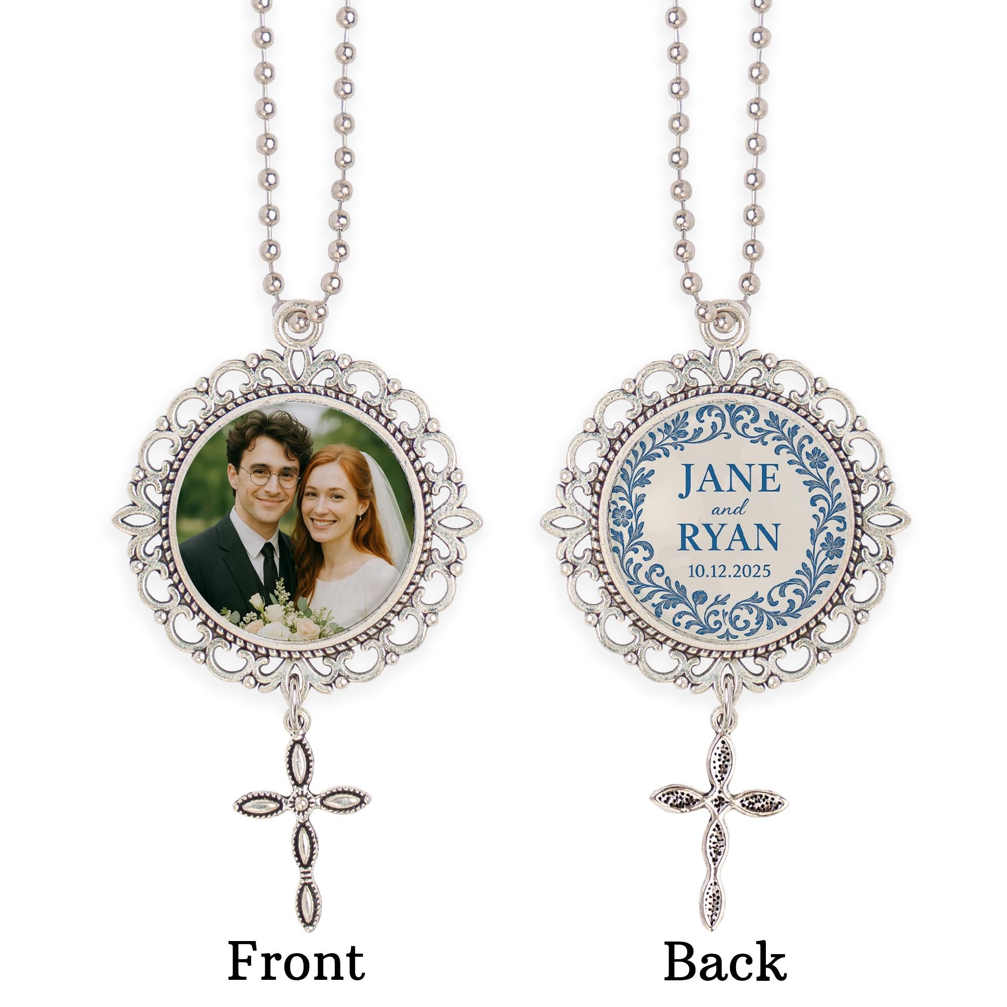 Personalized Wedding Bouquet Charm – Custom Photo & Cross Charm with Names, Date – Christian Bride Keepsake or Gift for Couple