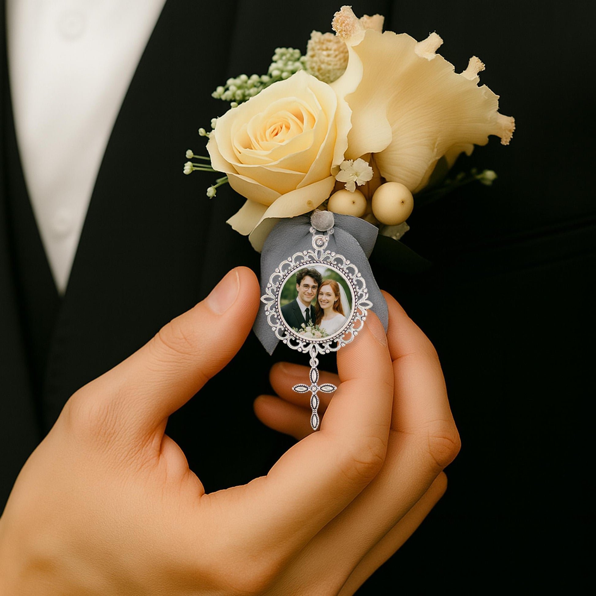 Personalized Wedding Bouquet Charm – Custom Photo & Cross Charm with Names, Date – Christian Bride Keepsake or Gift for Couple