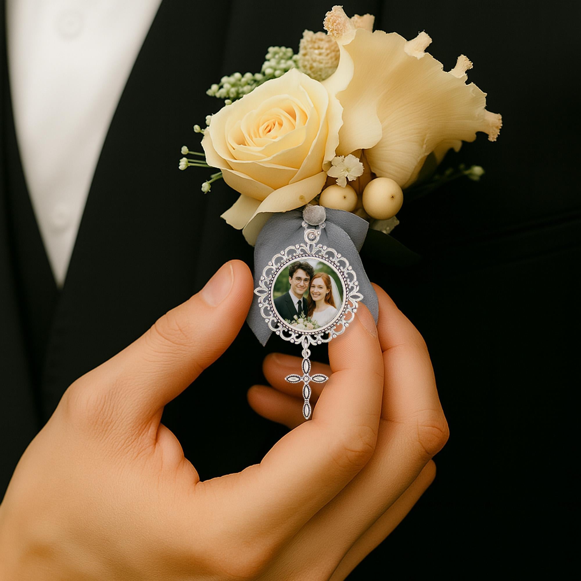 Personalized Wedding Bouquet Charm – Custom Photo & Cross Charm with Names, Date – Christian Bride Keepsake or Gift for Couple