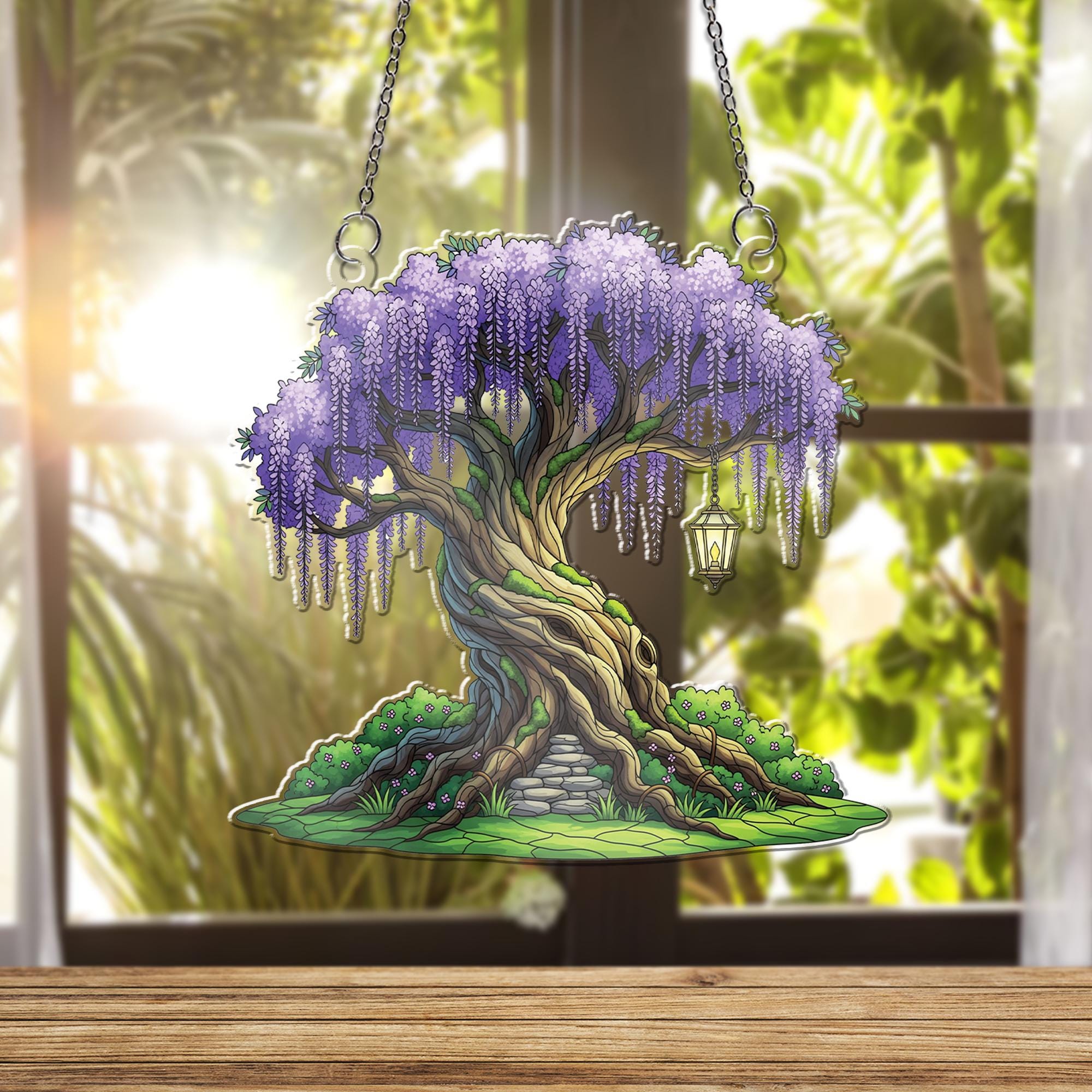 Wisteria Tree Window Hanging – Fantasy Acrylic Sun Catcher, Stained Glass Style Decor, Whimsical Home or Garden Gift, Fairycore Art Panel