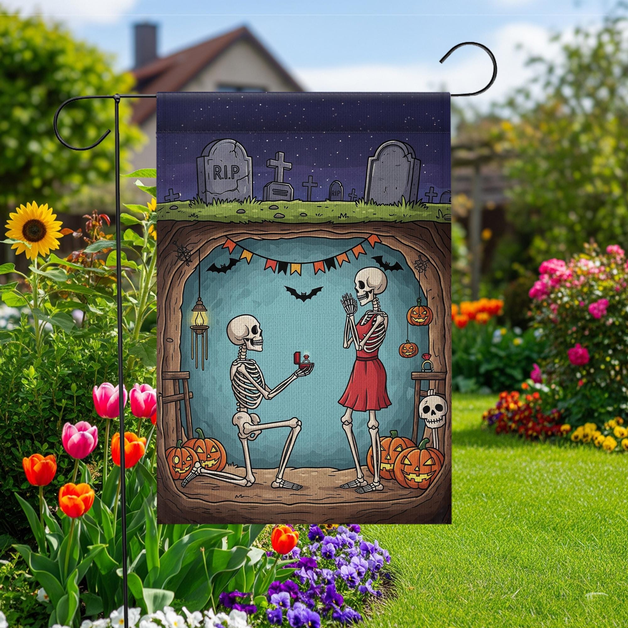 Gothic Halloween Garden Flag, Skeleton Proposal Yard Flag, Romantic Spooky Fall Lawn Decor, 'Til Death Outdoor Banner