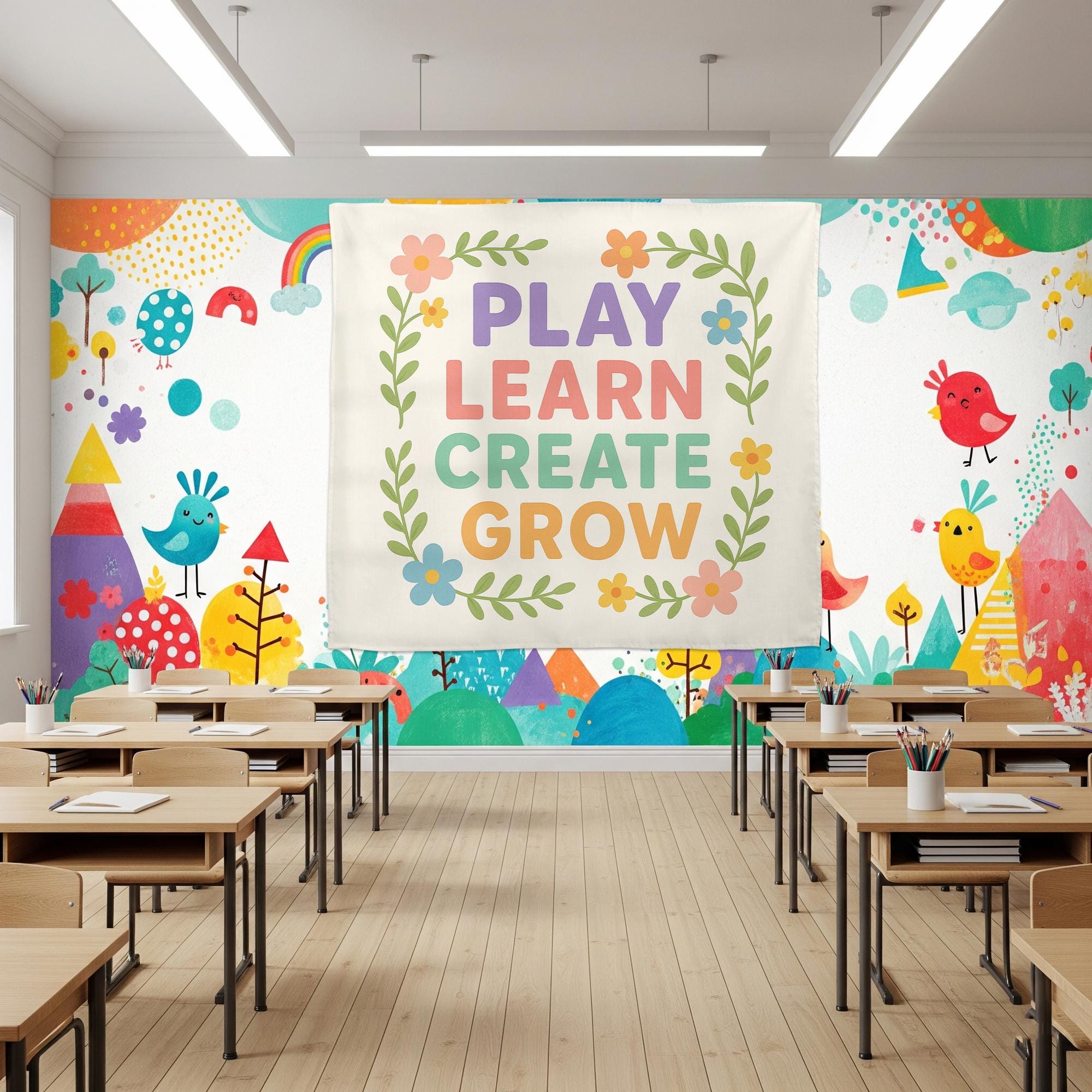 Play Learn Create Grow Tapestry, Classroom Wall Art, Preschool Teacher Decor, Kids Room Banner, Colorful Motivational Poster