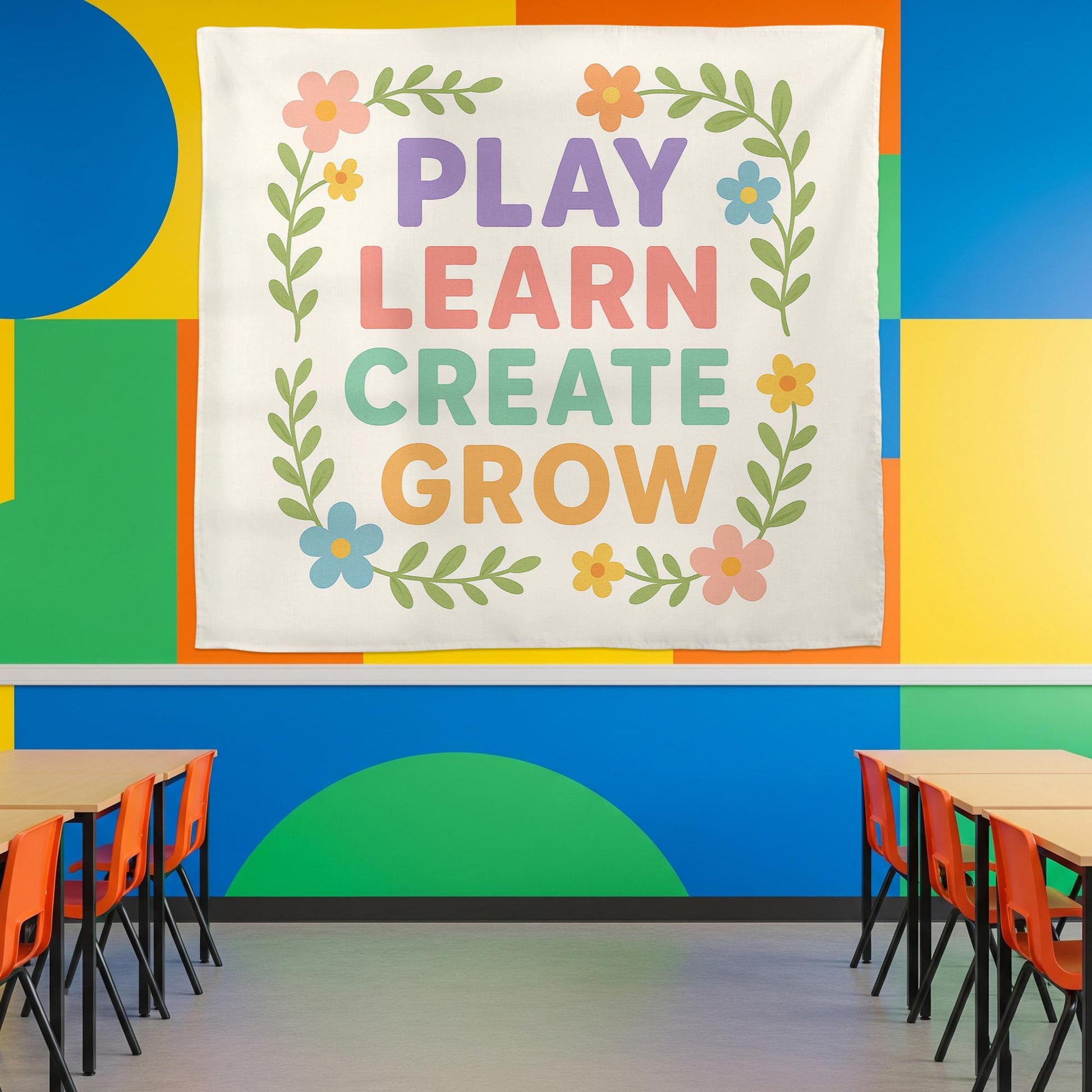 Play Learn Create Grow Tapestry, Classroom Wall Art, Preschool Teacher Decor, Kids Room Banner, Colorful Motivational Poster