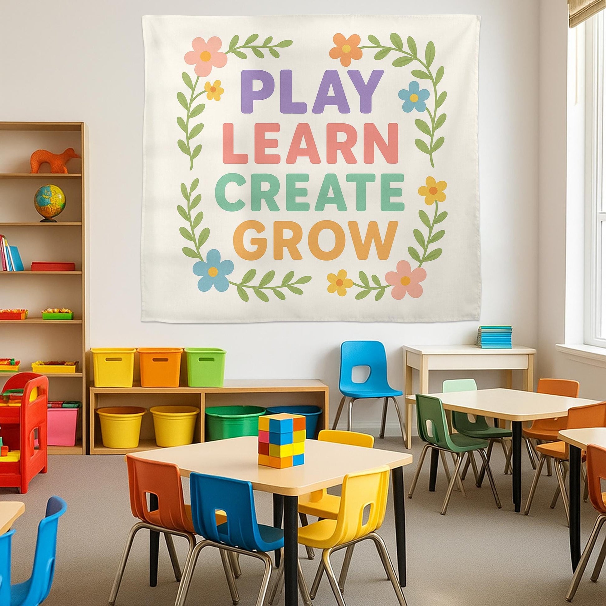 Play Learn Create Grow Tapestry, Classroom Wall Art, Preschool Teacher Decor, Kids Room Banner, Colorful Motivational Poster