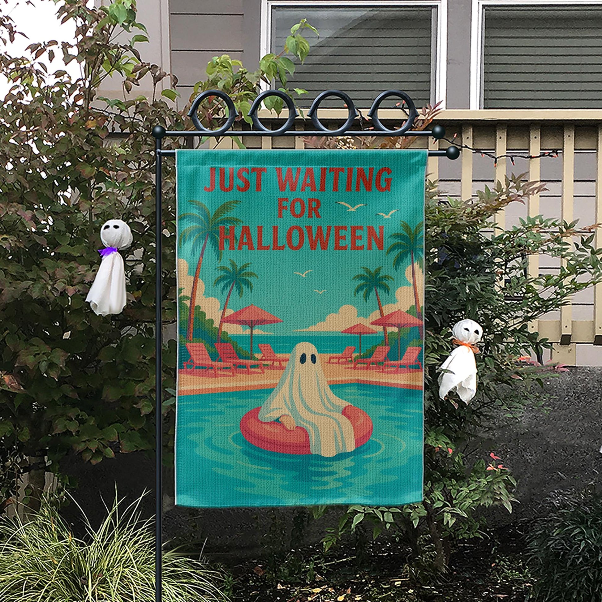 Funny Halloween Garden Flag, Just Waiting for Halloween Sign, Ghost Pool Decor, Summer Spooky Yard Flag, Fall Outdoor Decoration