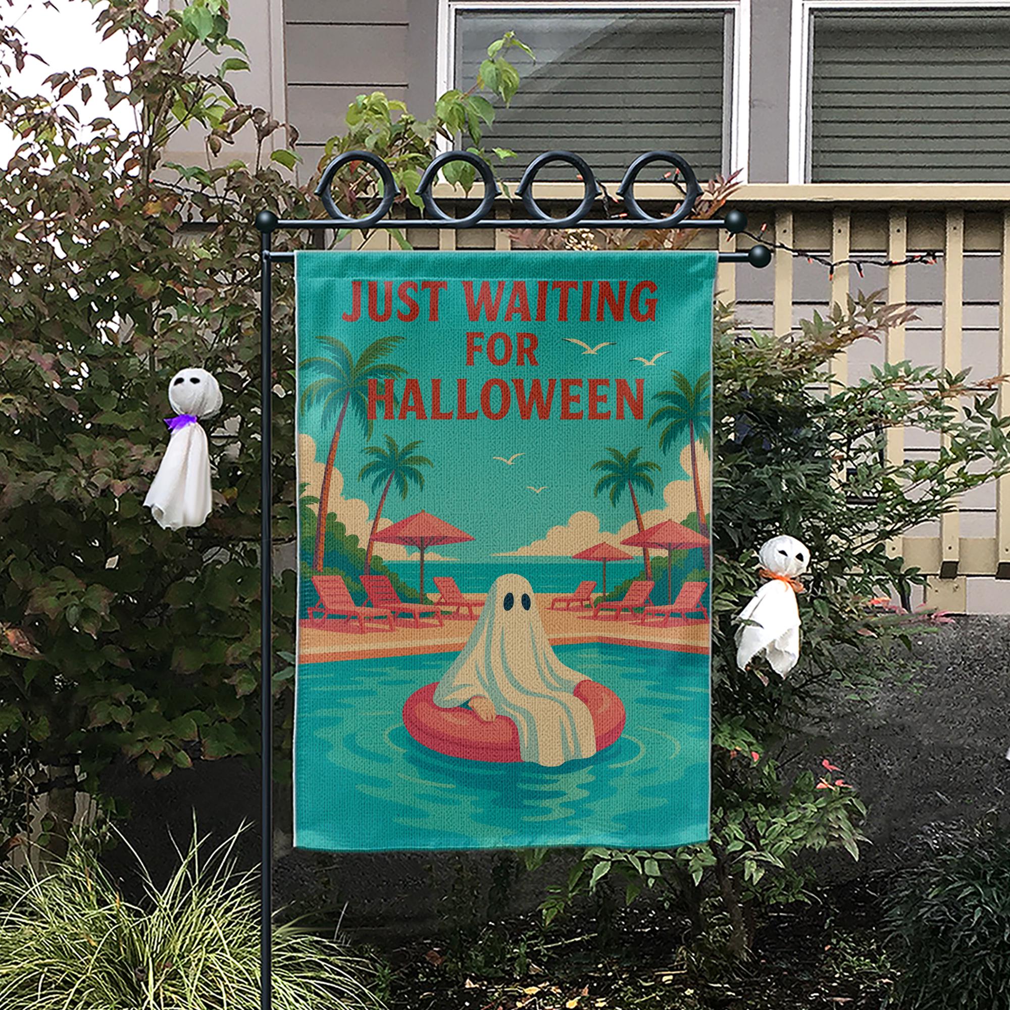 Funny Halloween Garden Flag, Just Waiting for Halloween Sign, Ghost Pool Decor, Summer Spooky Yard Flag, Fall Outdoor Decoration