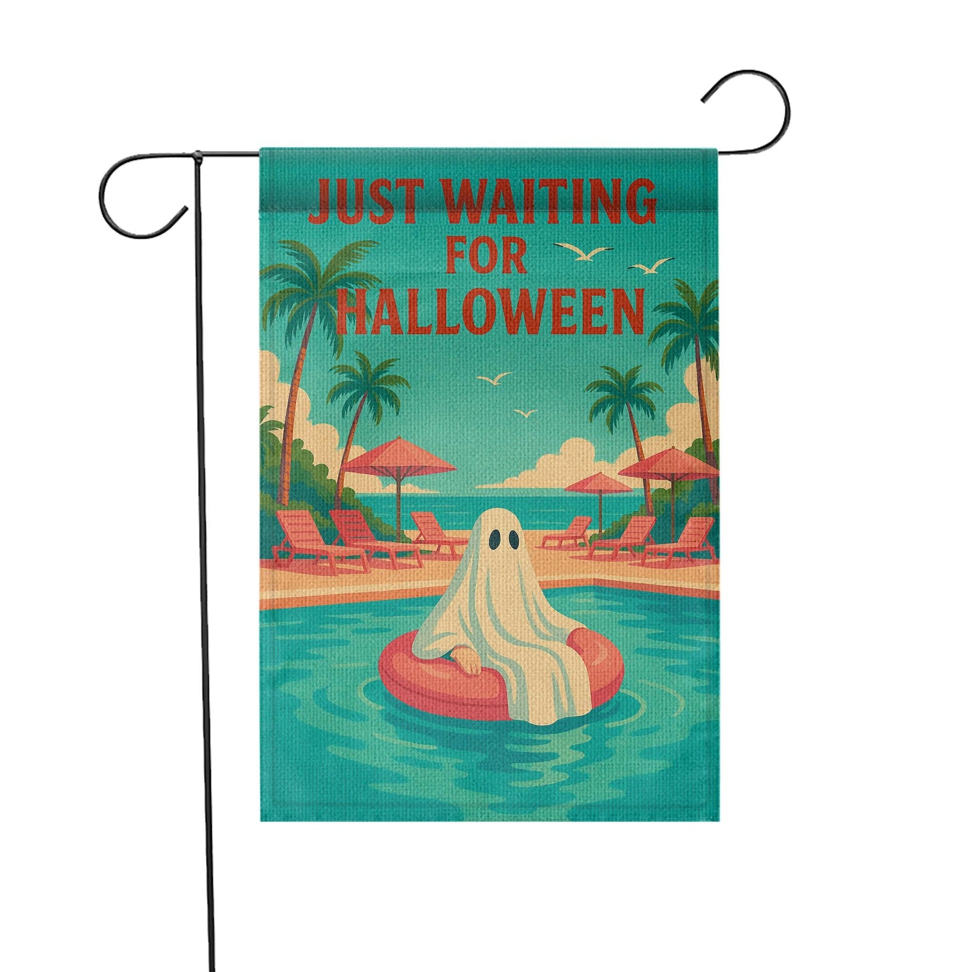 Funny Halloween Garden Flag, Just Waiting for Halloween Sign, Ghost Pool Decor, Summer Spooky Yard Flag, Fall Outdoor Decoration