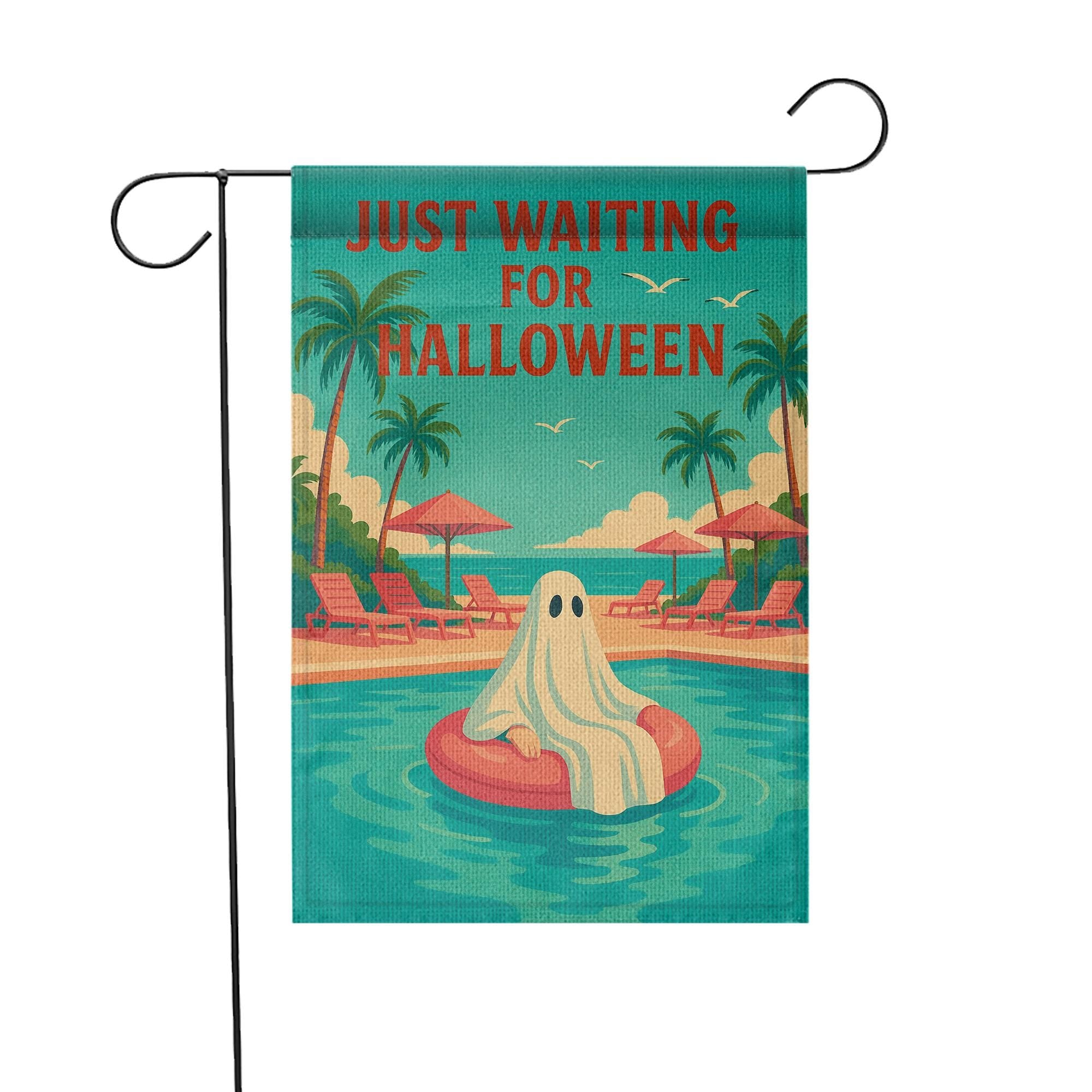 Funny Halloween Garden Flag, Just Waiting for Halloween Sign, Ghost Pool Decor, Summer Spooky Yard Flag, Fall Outdoor Decoration