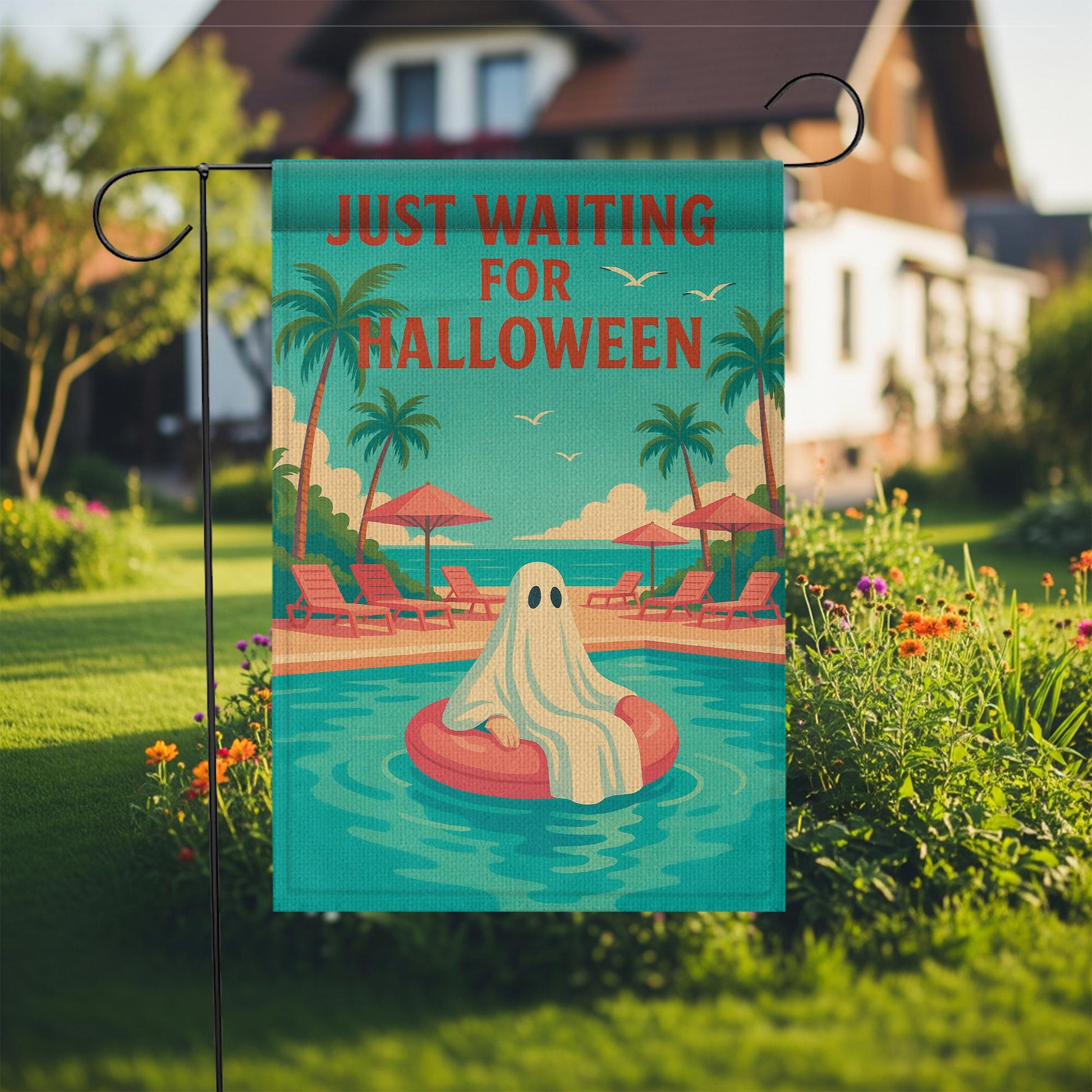 Funny Halloween Garden Flag, Just Waiting for Halloween Sign, Ghost Pool Decor, Summer Spooky Yard Flag, Fall Outdoor Decoration
