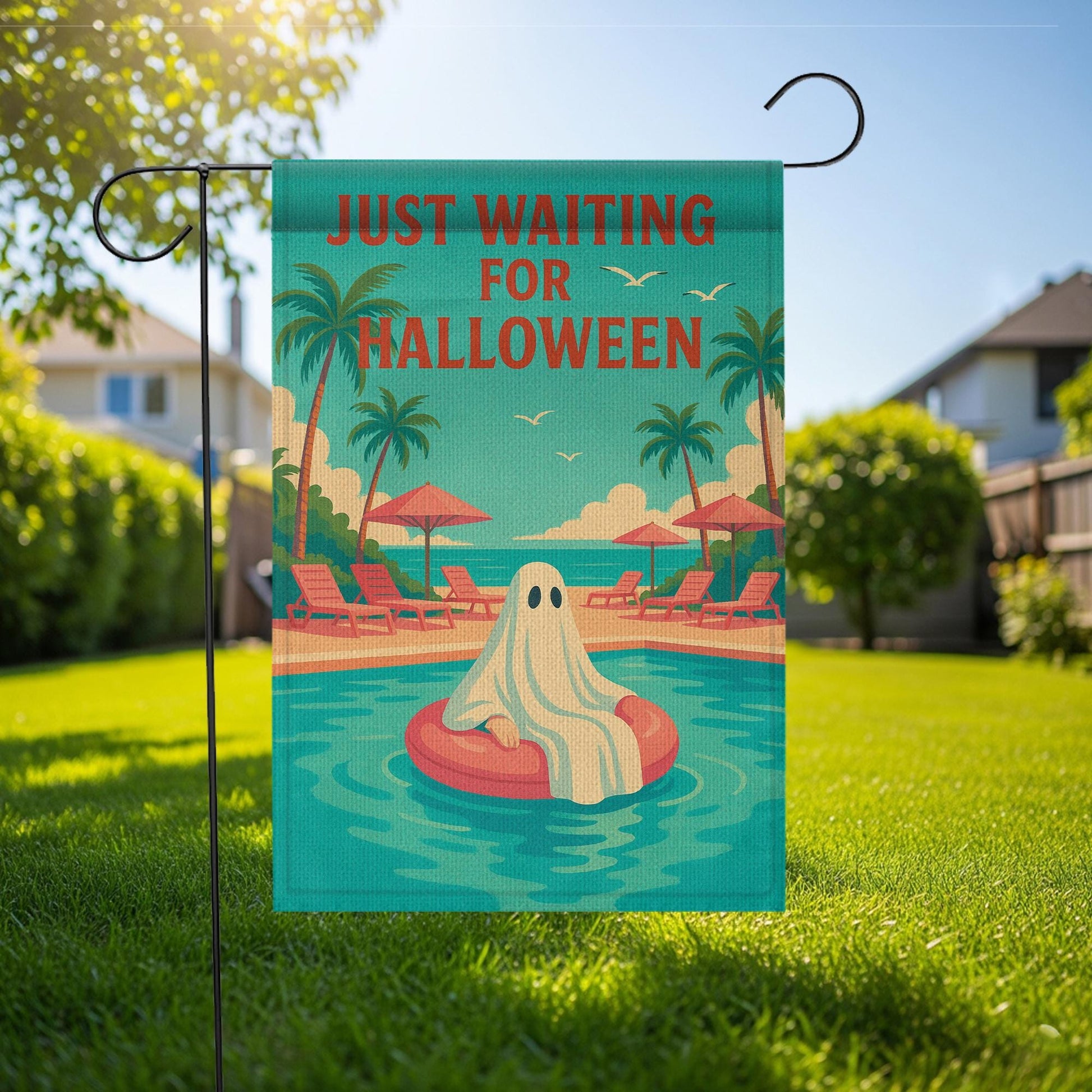Funny Halloween Garden Flag, Just Waiting for Halloween Sign, Ghost Pool Decor, Summer Spooky Yard Flag, Fall Outdoor Decoration