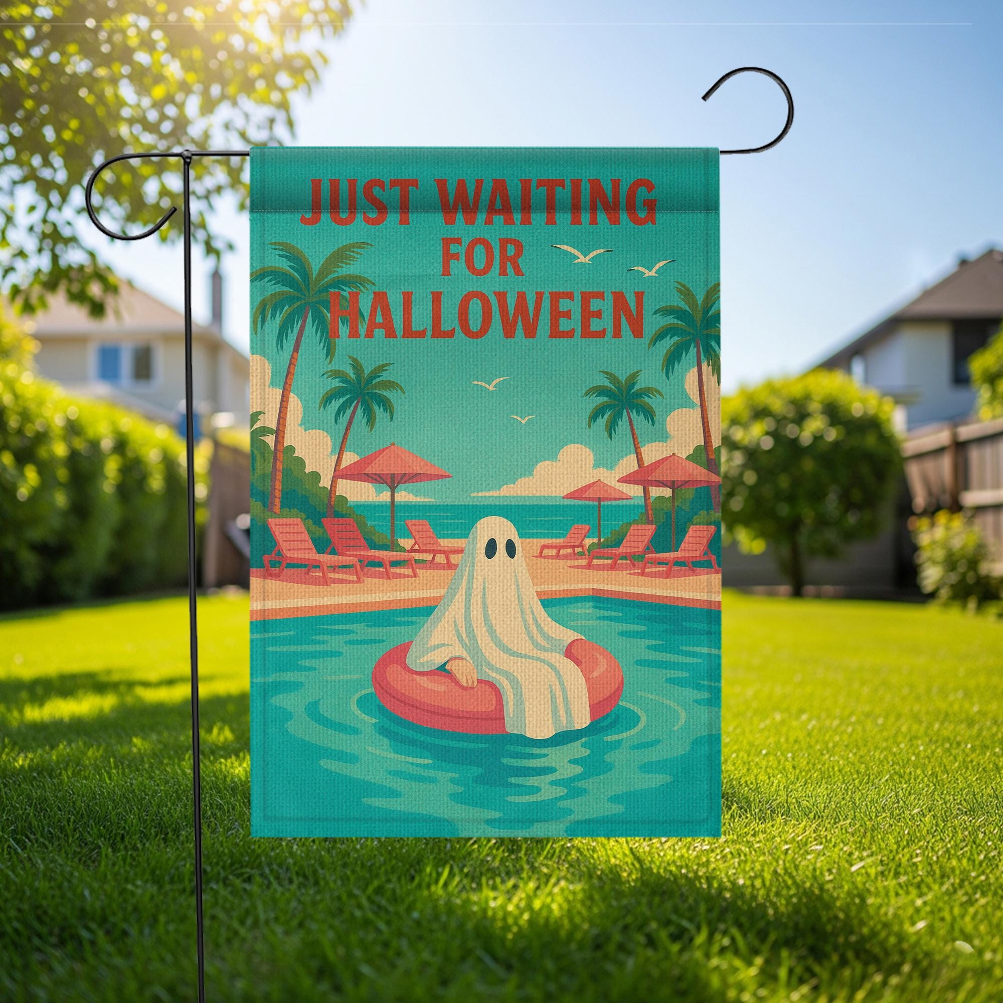 Funny Halloween Garden Flag, Just Waiting for Halloween Sign, Ghost Pool Decor, Summer Spooky Yard Flag, Fall Outdoor Decoration