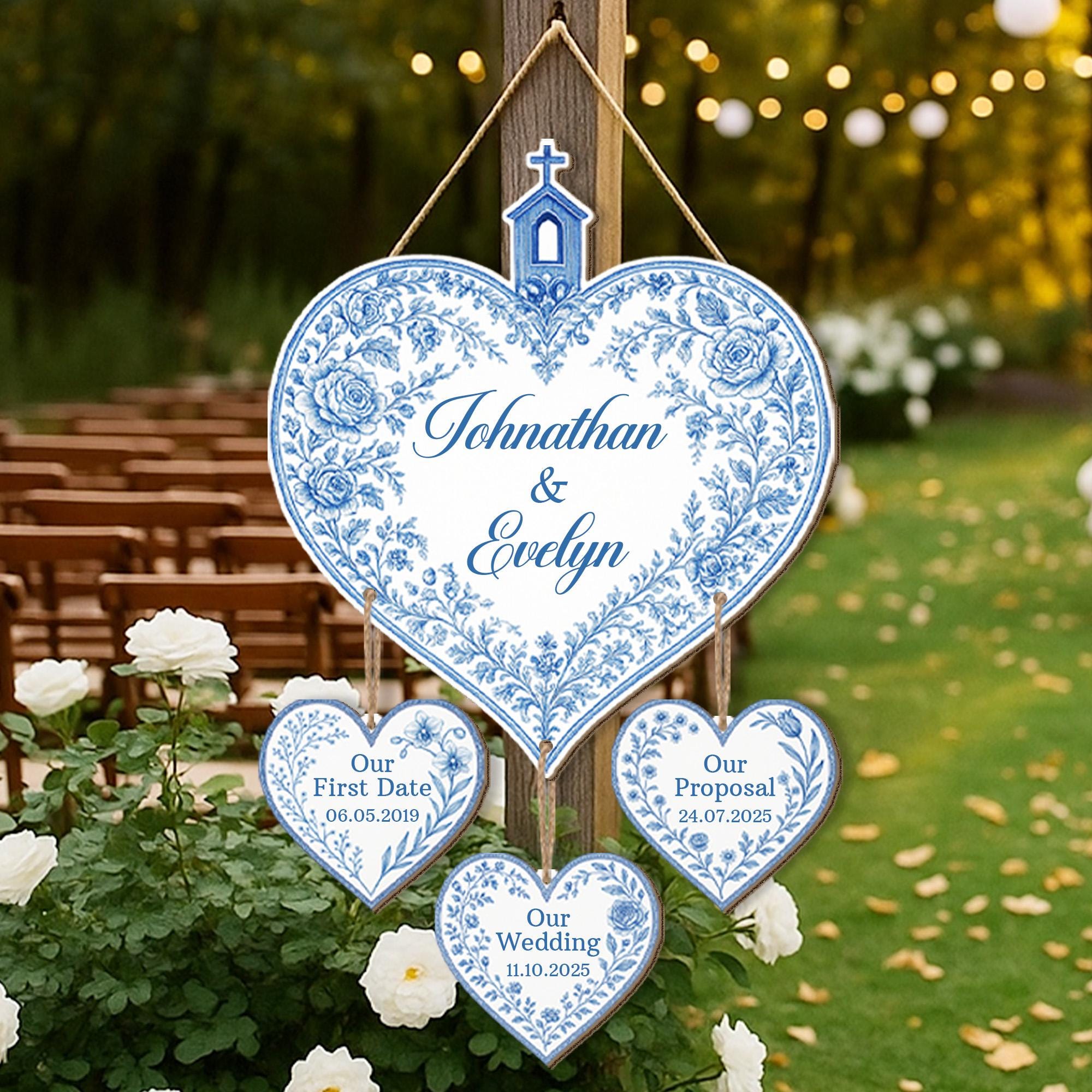 Custom Heart Wedding Wood Sign with Hanging Date Tags – Personalized Bride & Groom Name Sign – Engagement, Proposal, or Anniversary Gifts