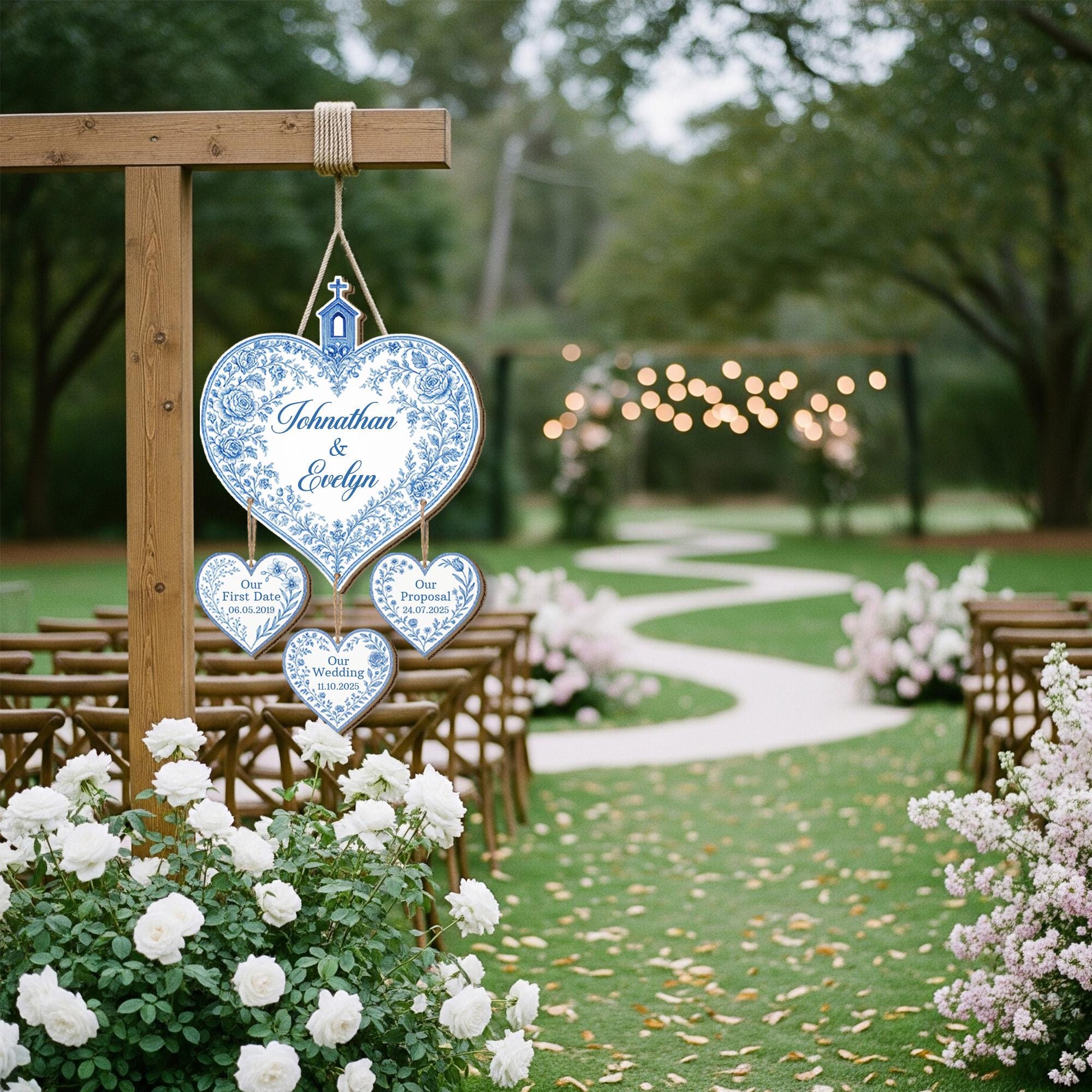 Custom Heart Wedding Wood Sign with Hanging Date Tags – Personalized Bride & Groom Name Sign – Engagement, Proposal, or Anniversary Gifts