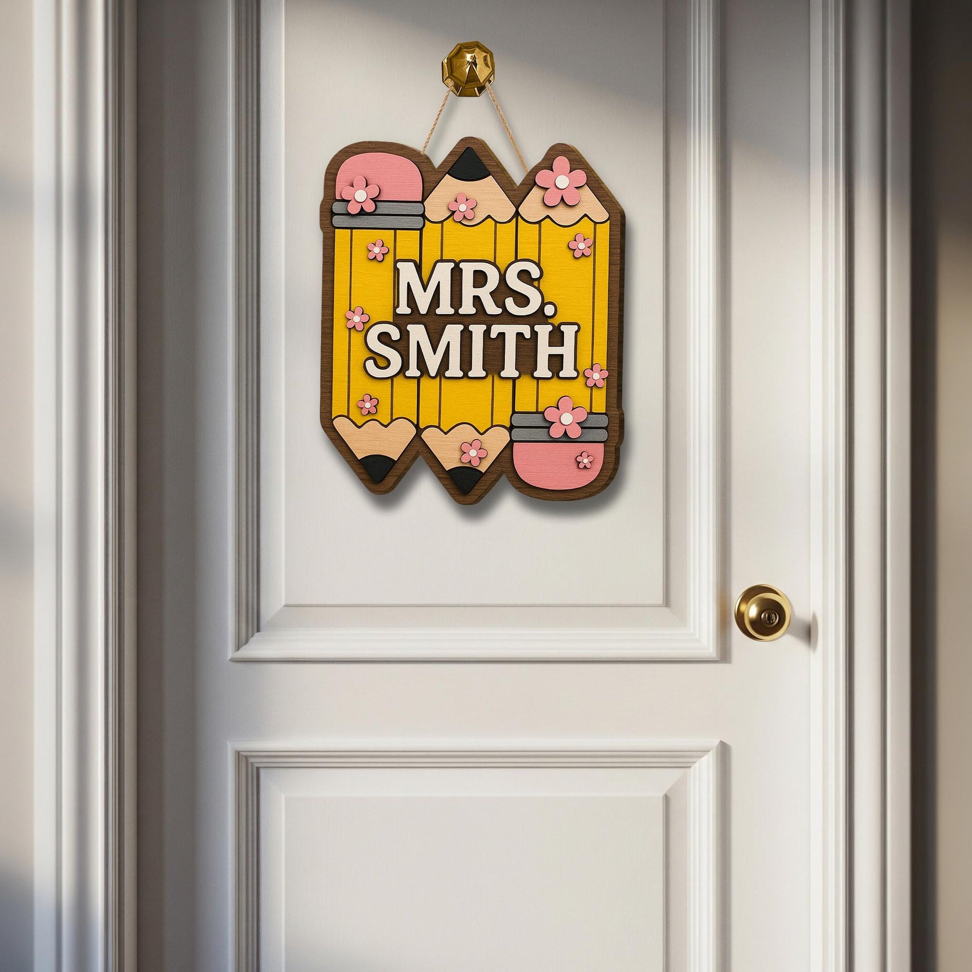 Personalized Teacher Door Sign, 3D Wooden Pencil Name Plaque, Classroom Decor Gift, Custom Back to School Hanging Sign