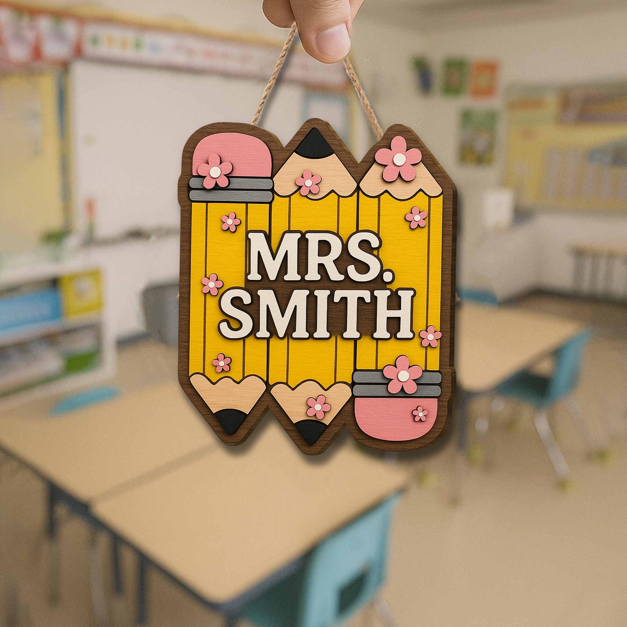 Personalized Teacher Door Sign, 3D Wooden Pencil Name Plaque, Classroom Decor Gift, Custom Back to School Hanging Sign